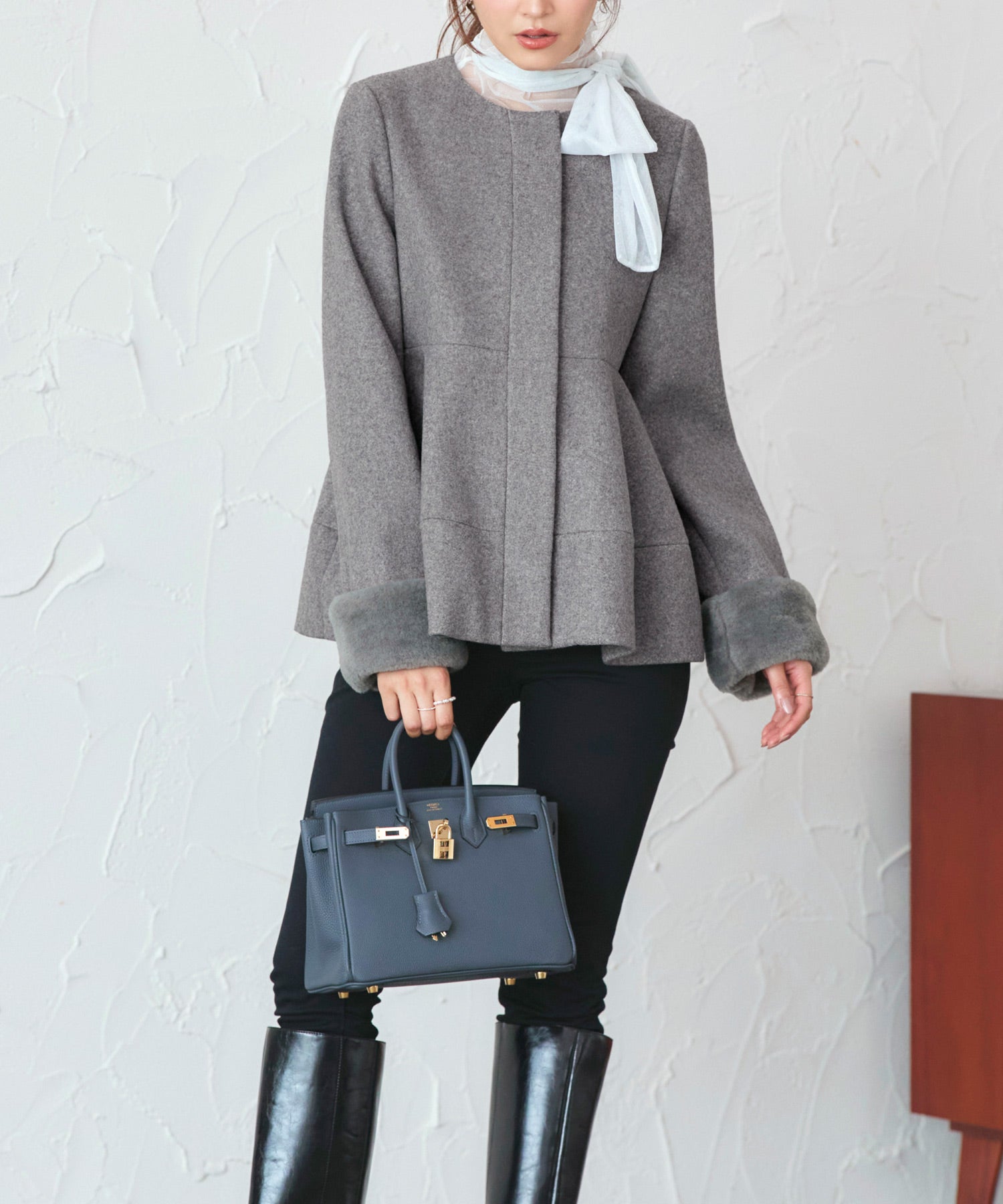 ルイルエブティック RUIRUE BOUTIQUE ニニットメルトン コクーン ペプラム ショートコート ｜ アウター / ウールコート / コート / ショート丈コート / ニットメルトンコート （グレー） グレー