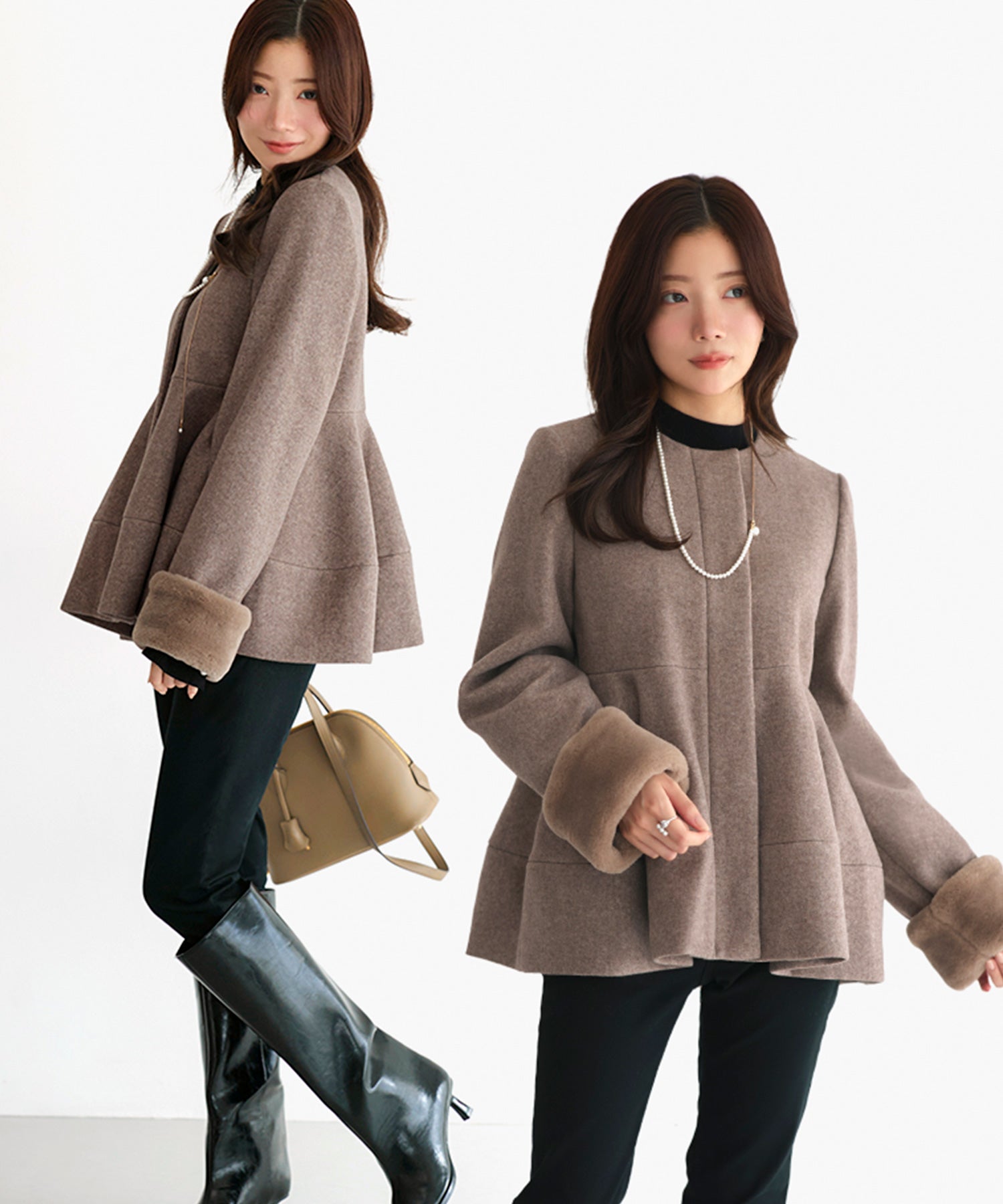 ルイルエブティック RUIRUE BOUTIQUE ニットメルトン コクーン ペプラム ショートコート ｜ アウター / ウールコート / コート / ショート丈コート / ニットメルトンコート（モカ） モカ