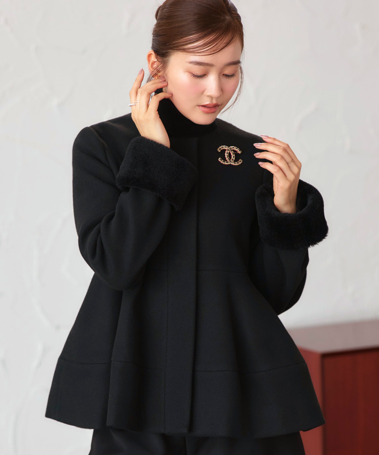 ルイルエブティック RUIRUE BOUTIQUE ニットメルトン コクーン ペプラム ショートコート ｜ アウター / ウールコート / コート / ショート丈コート / ニットメルトンコート（ブラック） ブラック