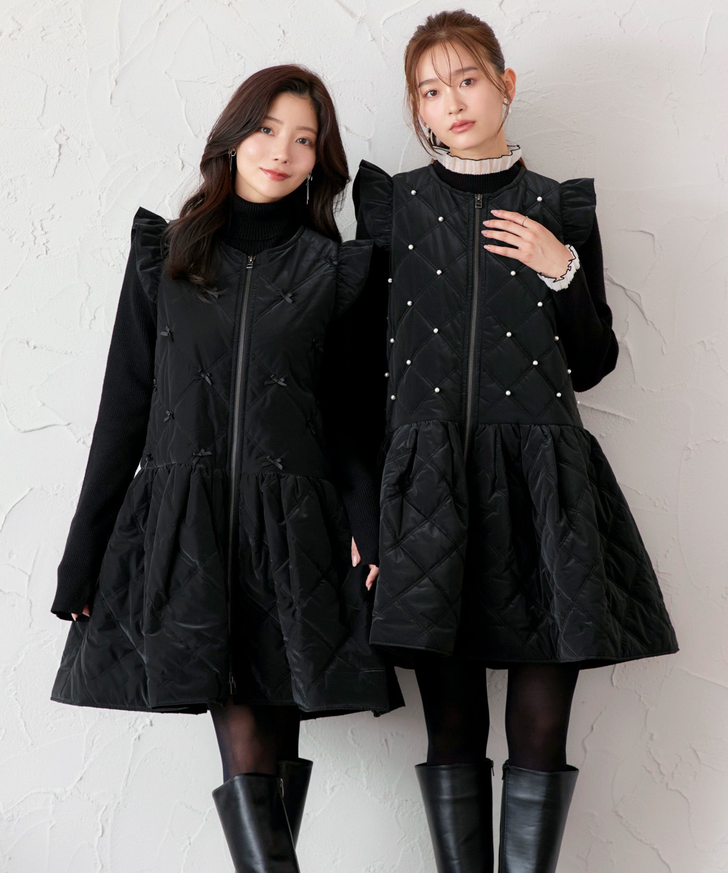 ルイルエブティック RUIRUE BOUTIQUE グロスタフタ×サーモ・アリーナ ｜ 洗える ｜ キルティング ジレ ワンピース ( パール / リボン ) ｜ アウター / コート / ジレ / キルティングコート （パール/ブラック） パール/ブラック