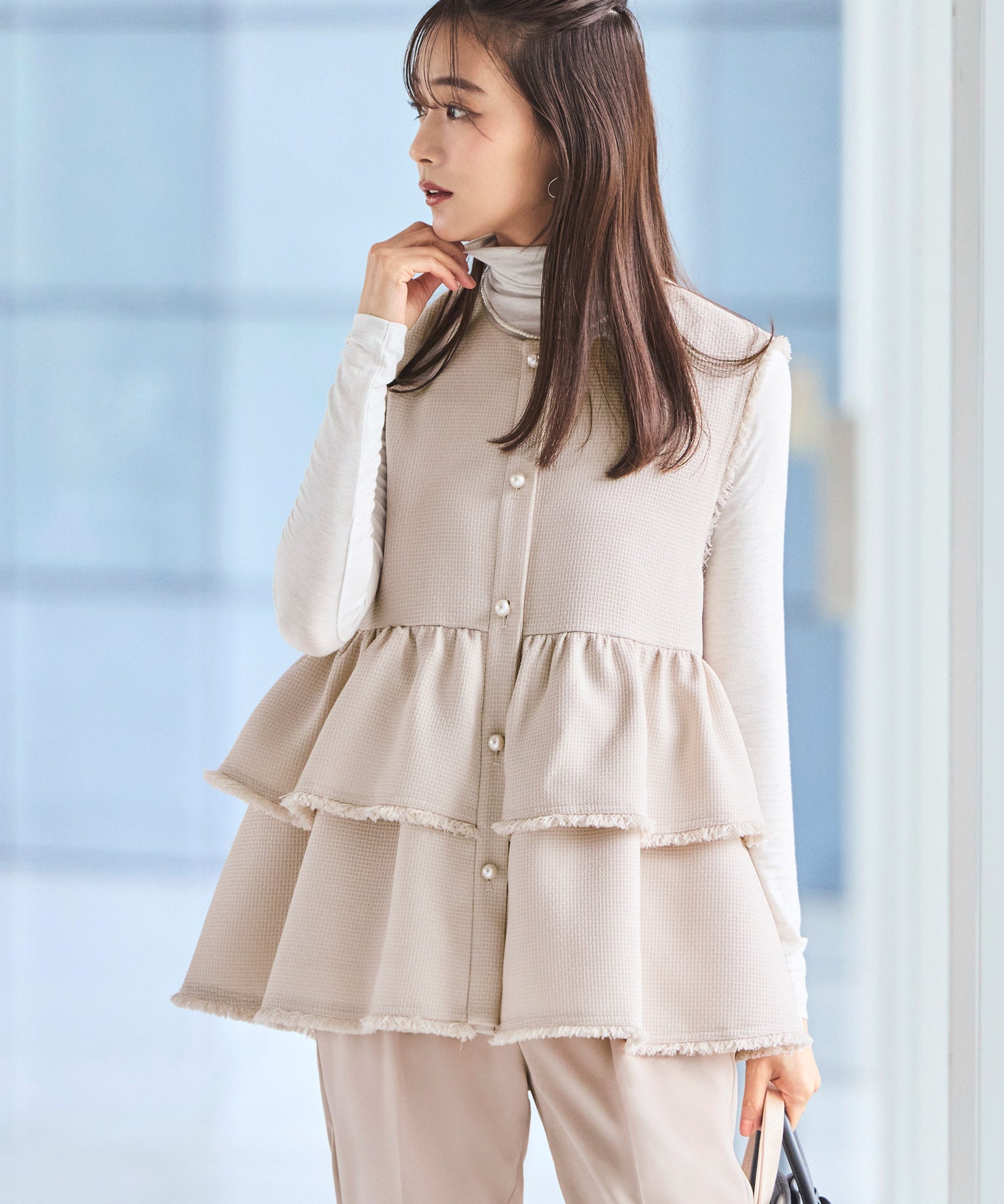 ルイルエブティック RUIRUE BOUTIQUE ストレッチ ｜ ツイード ティアード ペプラム ジレ ＆ テーパードパンツ ｜ セットアップ・オケージョンスーツ・セレモニースーツ・フォーマルスーツ・ママスーツ・パンツスーツ （ピンクベージュ） ピンクベージュ