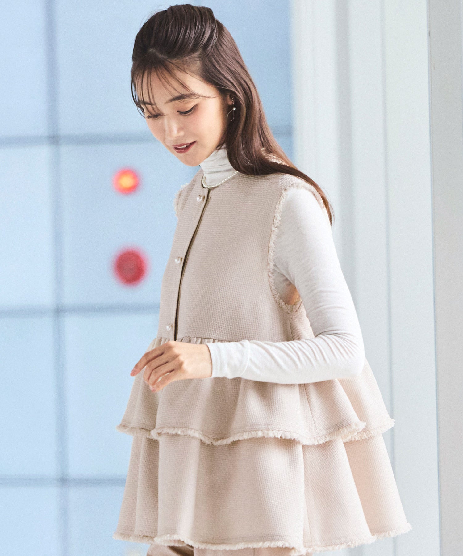 ルイルエブティック RUIRUE BOUTIQUE ストレッチ ｜ ツイード ティアード ペプラム ジレ ＆ テーパードパンツ ｜ セットアップ・オケージョンスーツ・セレモニースーツ・フォーマルスーツ・ママスーツ・パンツスーツ （ピンクベージュ） ピンクベージュ