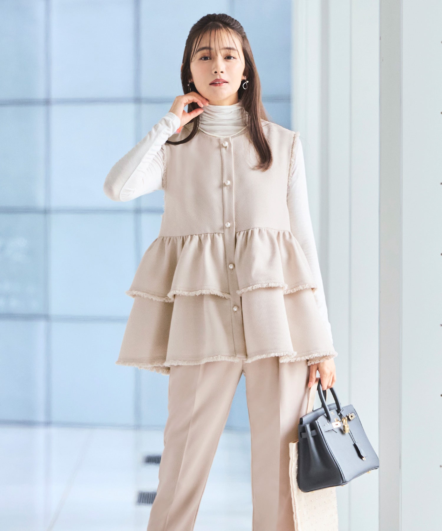 ルイルエブティック RUIRUE BOUTIQUE ストレッチ ｜ ツイード ティアード ペプラム ジレ ＆ テーパードパンツ ｜ セットアップ・オケージョンスーツ・セレモニースーツ・フォーマルスーツ・ママスーツ・パンツスーツ （ピンクベージュ） ピンクベージュ