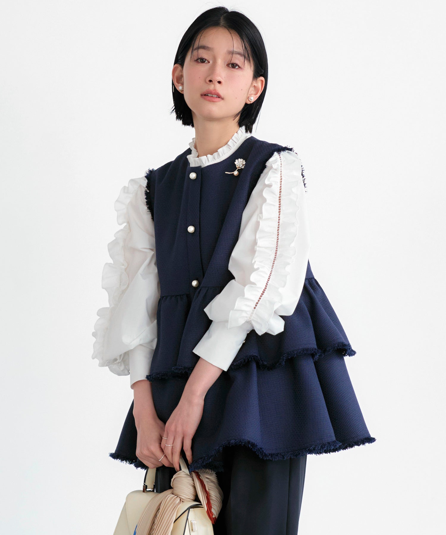 ルイルエブティック RUIRUE BOUTIQUE ストレッチ ｜ ツイード ティアード ペプラム ジレ ＆ テーパードパンツ ｜ セットアップ・オケージョンスーツ・セレモニースーツ・フォーマルスーツ・ママスーツ・パンツスーツ （ネイビー） ネイビー