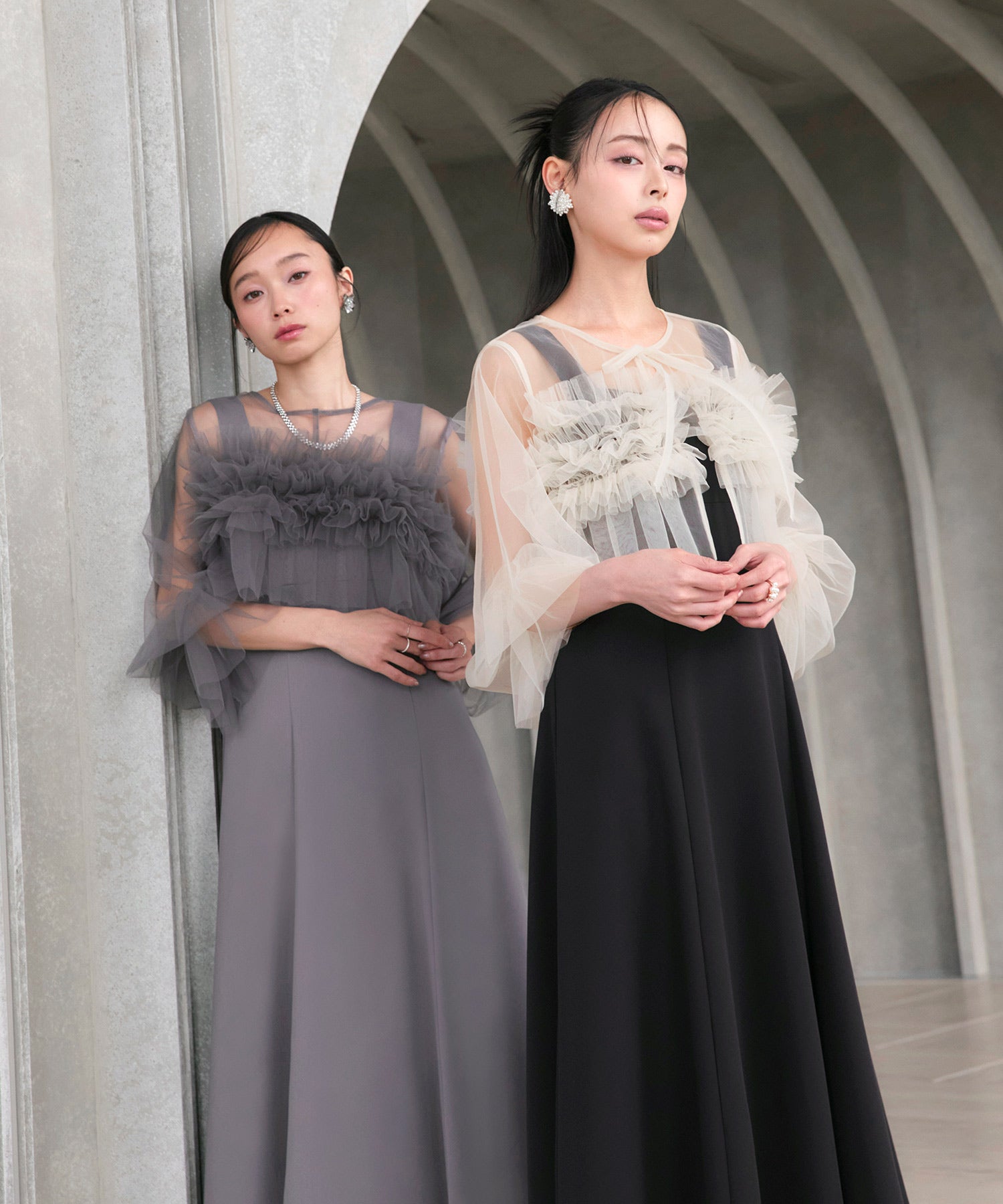 ルイルエブティック RUIRUE BOUTIQUE オケージョン 結婚式ドレス ｜ チュール フリル ボレロ ＆ ハイウエスト フレア ドレス（ブラック×ベージュ） ｜ ワンピース・パーティードレス・オケージョンドレス・お呼ばれドレス・セレモニードレス ブラック×ベージュ