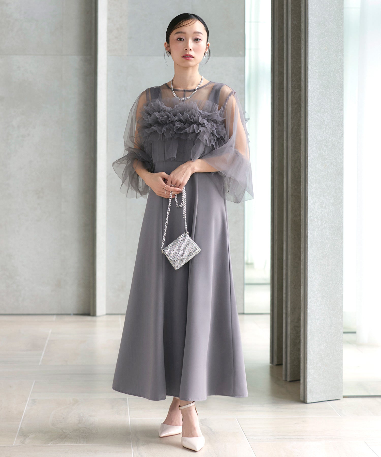 ルイルエブティック RUIRUE BOUTIQUE オケージョン 結婚式ドレス ｜ チュール フリル ボレロ ＆ ハイウエスト フレア ドレス（グレー） ｜ ワンピース・パーティードレス・オケージョンドレス・お呼ばれドレス・セレモニードレス グレー