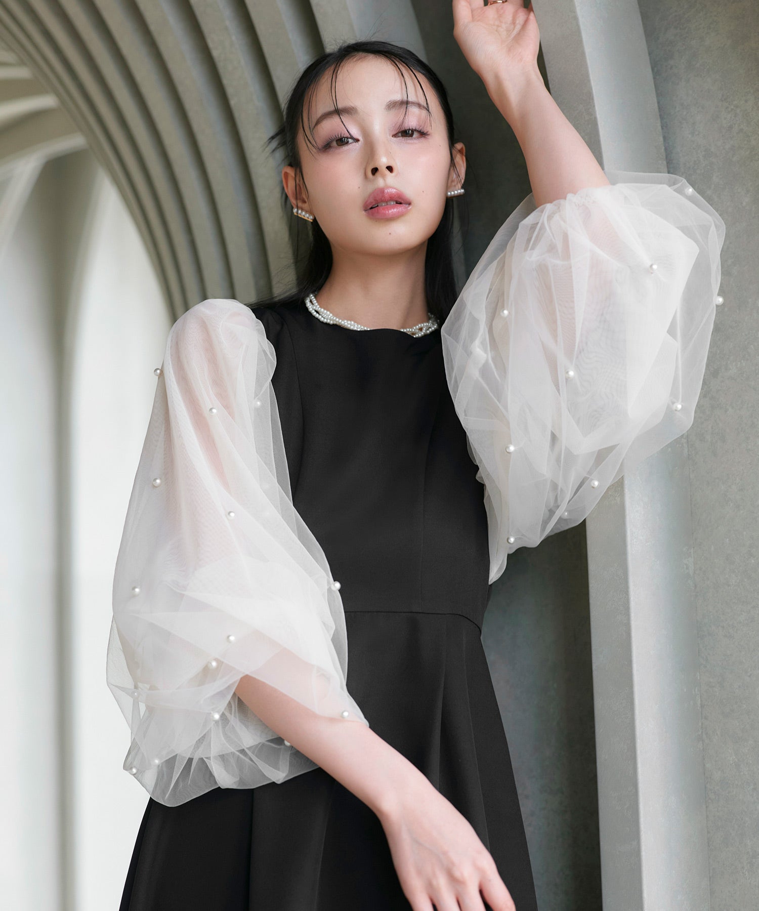 ルイルエブティック RUIRUE BOUTIQUE オケージョン 結婚式ドレス ｜ 洗える ｜ パール シアースリーブ フレア ワンピース ドレス（ブラック×ホワイト） ｜ パーティードレス・オケージョンドレス・お呼ばれドレス・セレモニードレス ブラック×ホワイト