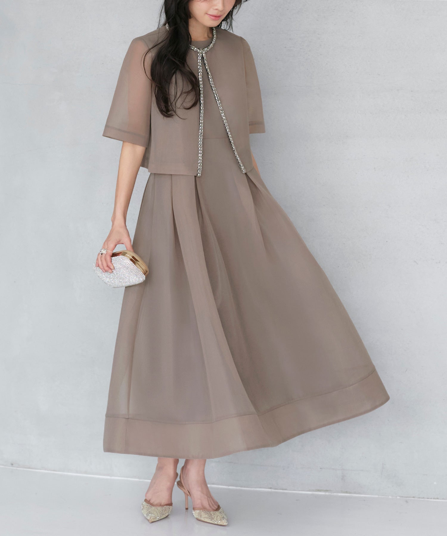 ルイルエブティック RUIRUE BOUTIQUE オケージョン 結婚式ドレス ｜ ボレロ ＆ フレア ワンピース ドレス ２点セット（モカベージュ） ｜ セットアップ・パーティードレス・オケージョンドレス・お呼ばれドレス・セレモニードレス モカベージュ