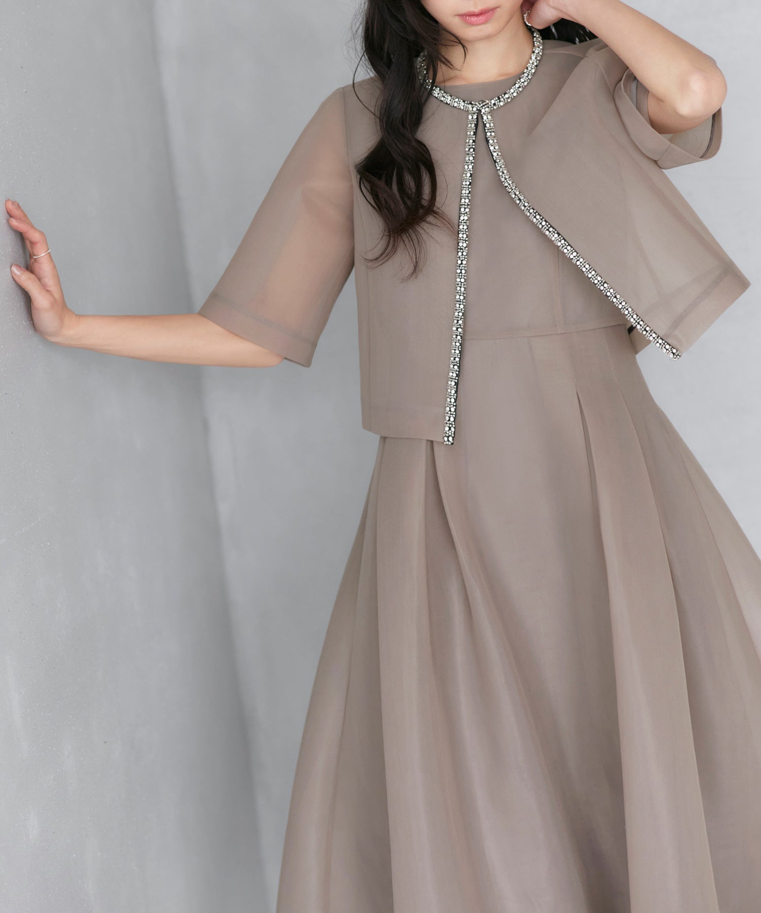 ルイルエブティック RUIRUE BOUTIQUE オケージョン 結婚式ドレス ｜ ボレロ ＆ フレア ワンピース ドレス ２点セット（モカベージュ） ｜ セットアップ・パーティードレス・オケージョンドレス・お呼ばれドレス・セレモニードレス モカベージュ
