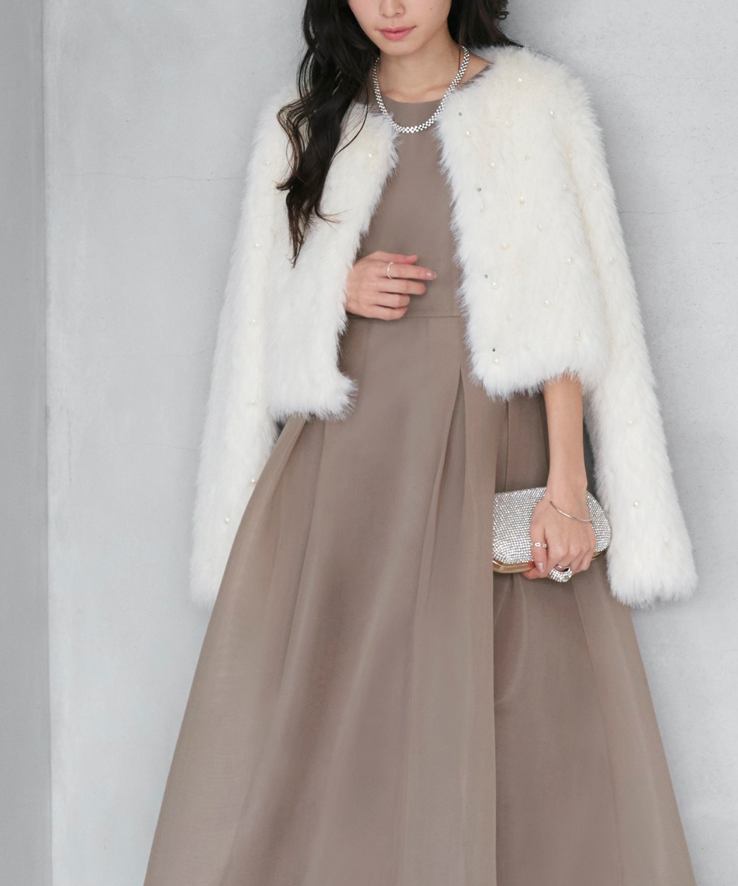 ルイルエブティック RUIRUE BOUTIQUE オケージョン 結婚式ドレス ｜ ボレロ ＆ フレア ワンピース ドレス ２点セット（モカベージュ） ｜ セットアップ・パーティードレス・オケージョンドレス・お呼ばれドレス・セレモニードレス モカベージュ
