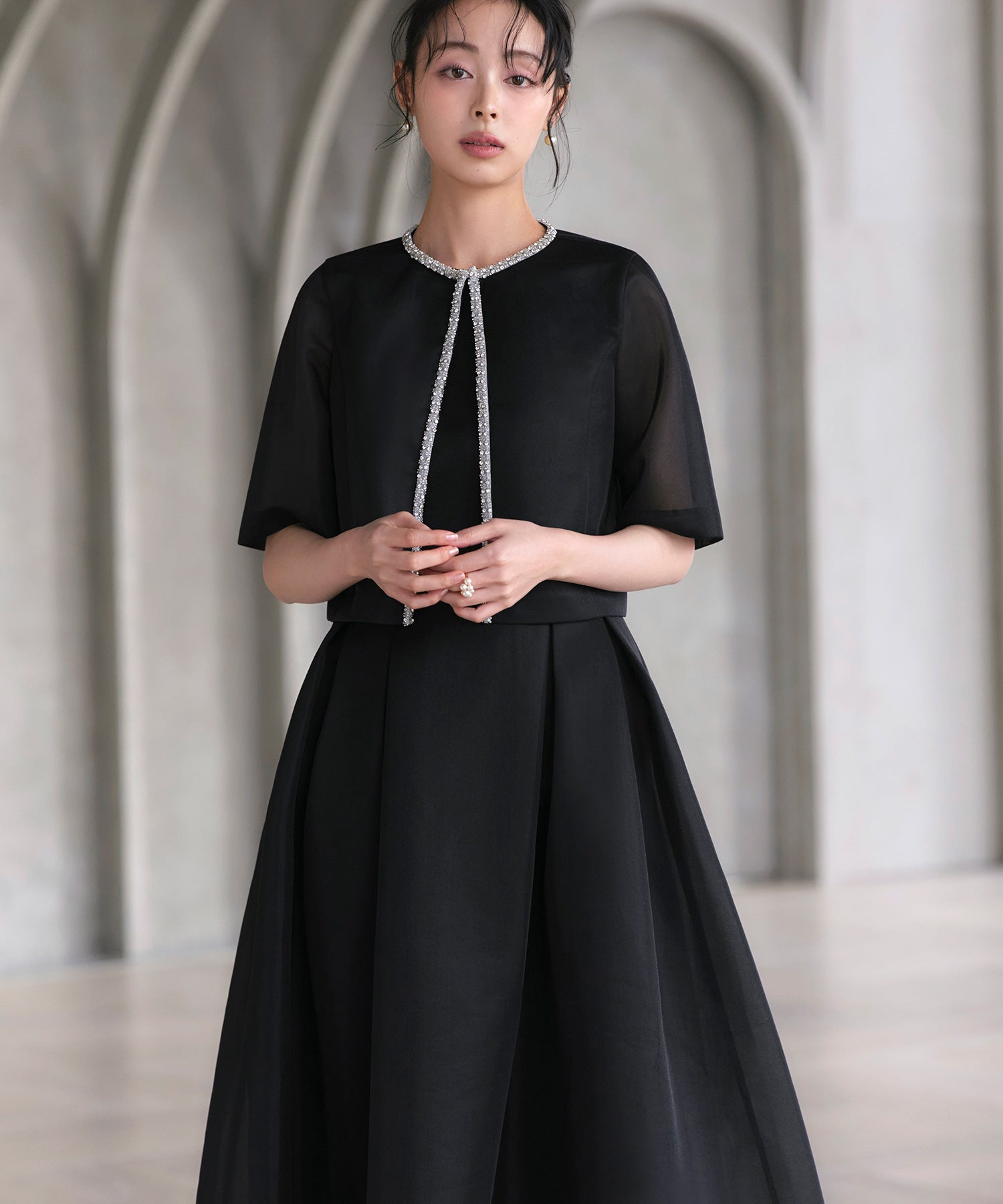 ルイルエブティック RUIRUE BOUTIQUE オケージョン 結婚式ドレス ｜ ボレロ ＆ フレア ワンピース ドレス ２点セット（ブラック） ｜ セットアップ・パーティードレス・オケージョンドレス・お呼ばれドレス・セレモニードレス ブラック