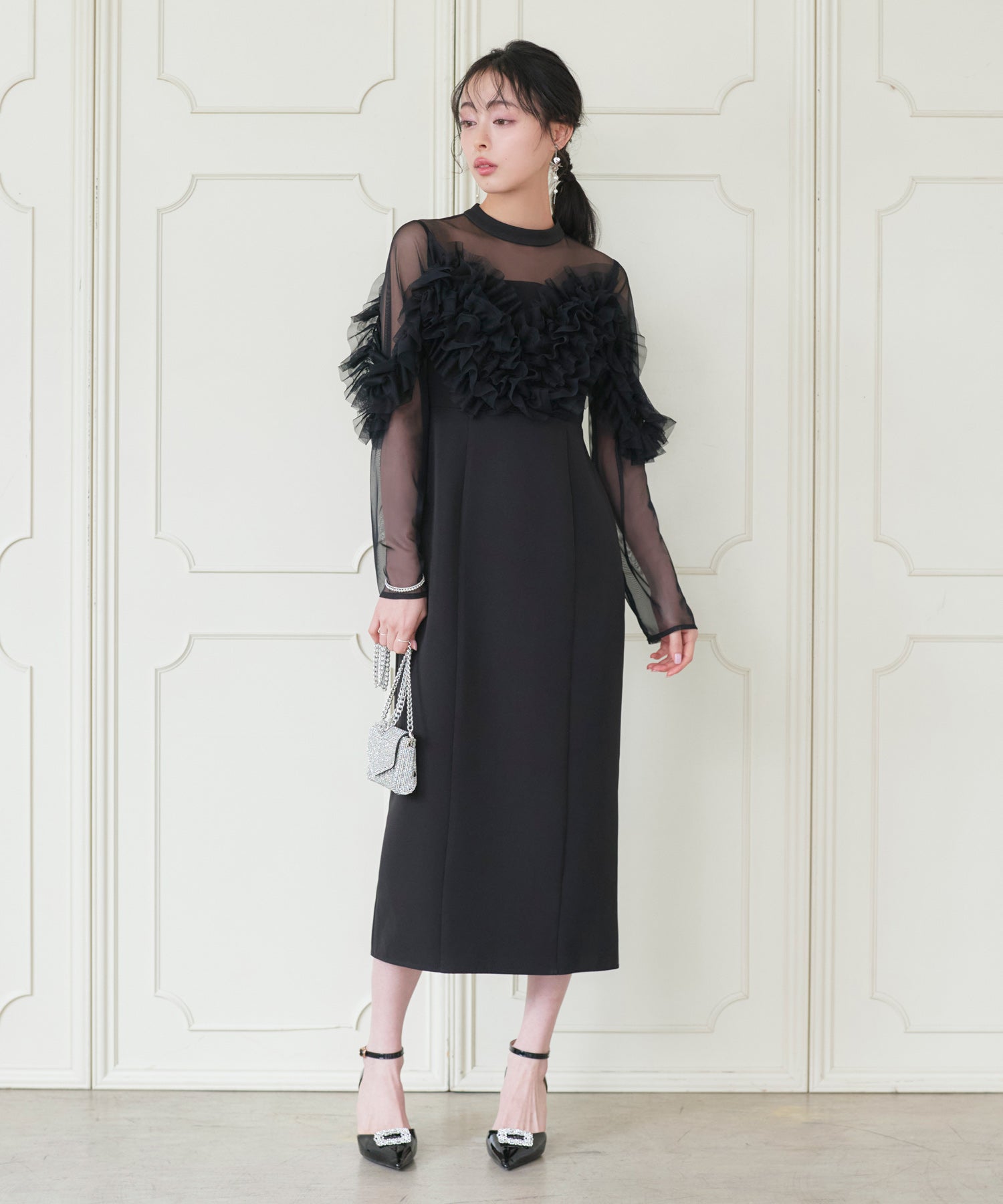 ルイルエブティック RUIRUE BOUTIQUE オケージョン 結婚式ドレス ｜ チュール フリル タイト ワンピース ドレス（ブラック） ｜ パーティードレス・オケージョンドレス・お呼ばれドレス・セレモニードレス・タイトスカート ブラック