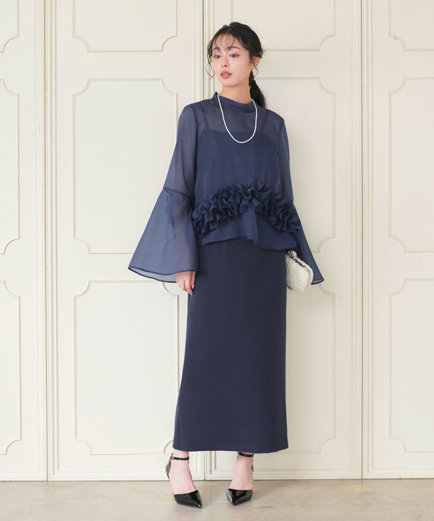 ルイルエブティック RUIRUE BOUTIQUE シアーオーガンジートップス＆ストレッチキャミドレス （ネイビー） ネイビー