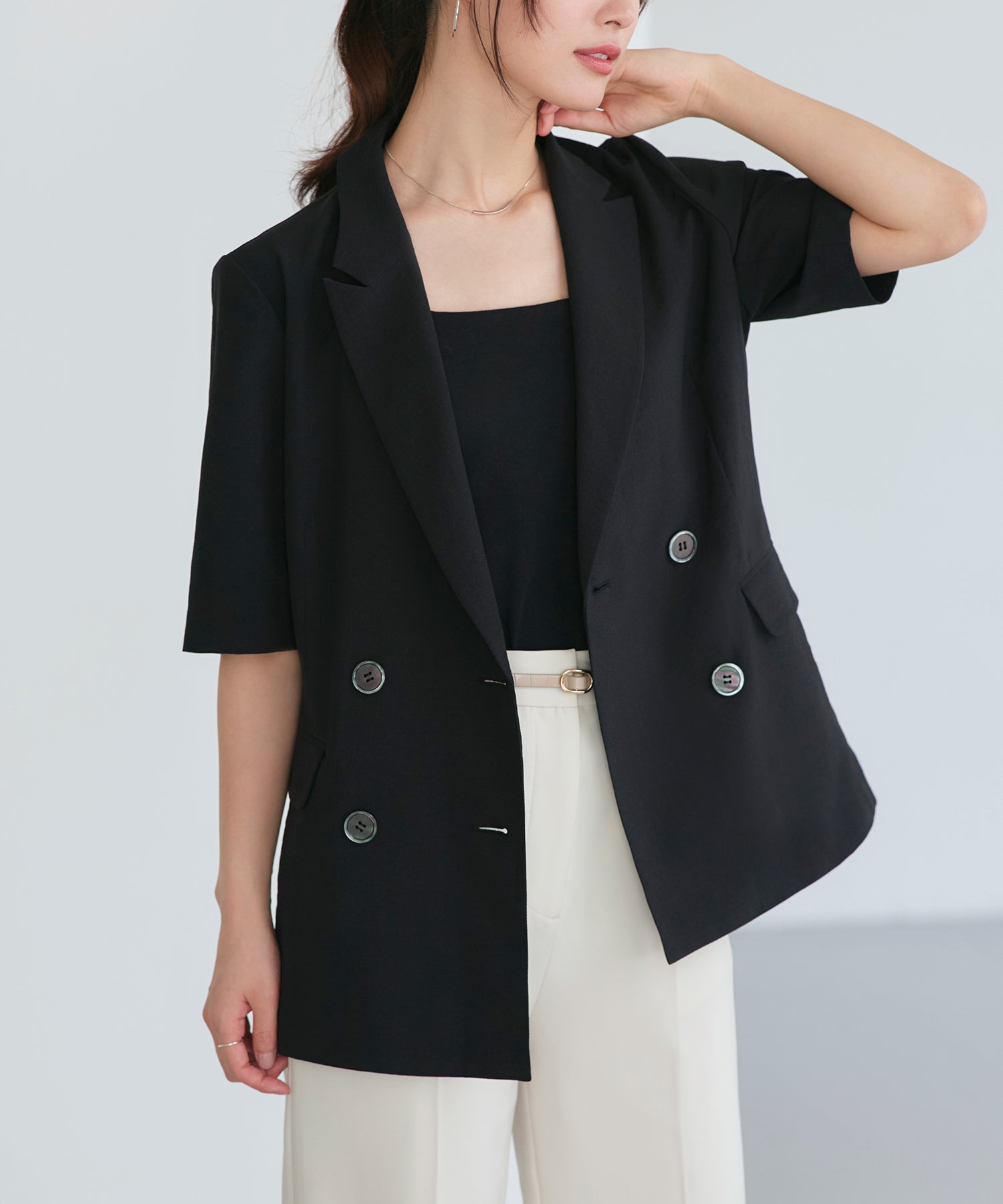 ルイルエブティック RUIRUE BOUTIQUE 選べる袖丈リネンライクテーラードジャケット （半袖/ブラック） 半袖/ブラック