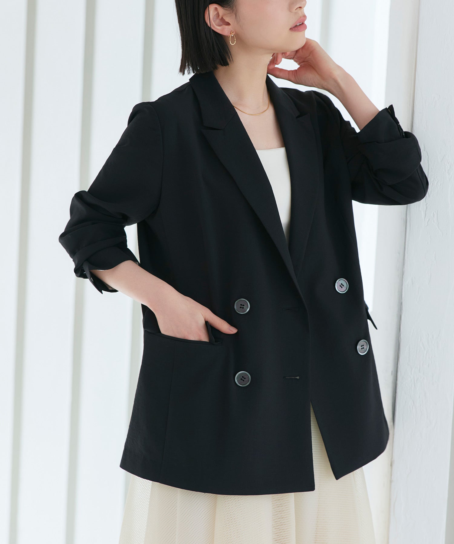 ルイルエブティック RUIRUE BOUTIQUE 選べる袖丈リネンライクテーラードジャケット （長袖/ブラック） 長袖/ブラック