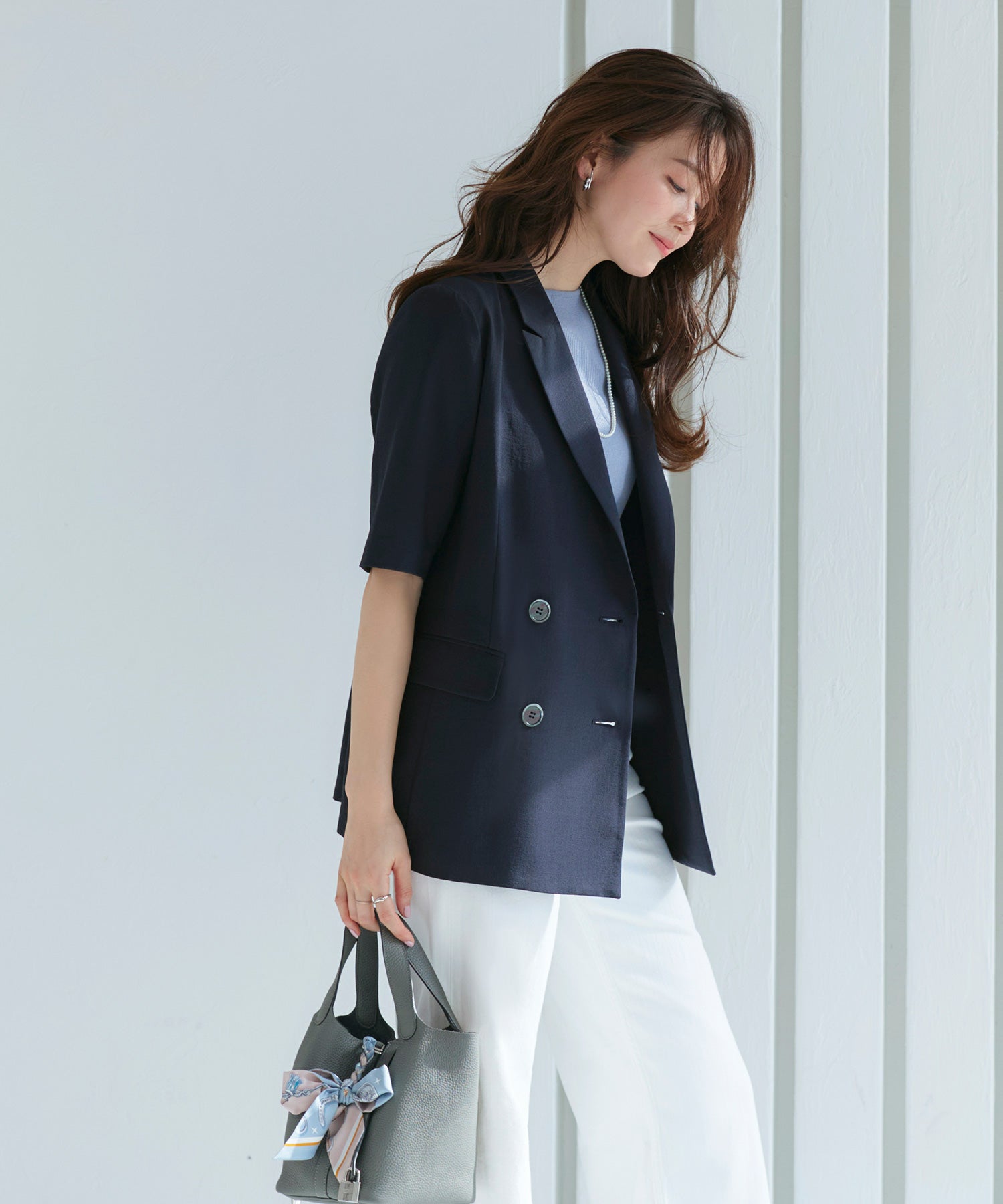 ルイルエブティック RUIRUE BOUTIQUE 選べる袖丈リネンライクテーラードジャケット （半袖/ダークネイビー） 半袖/ダークネイビー