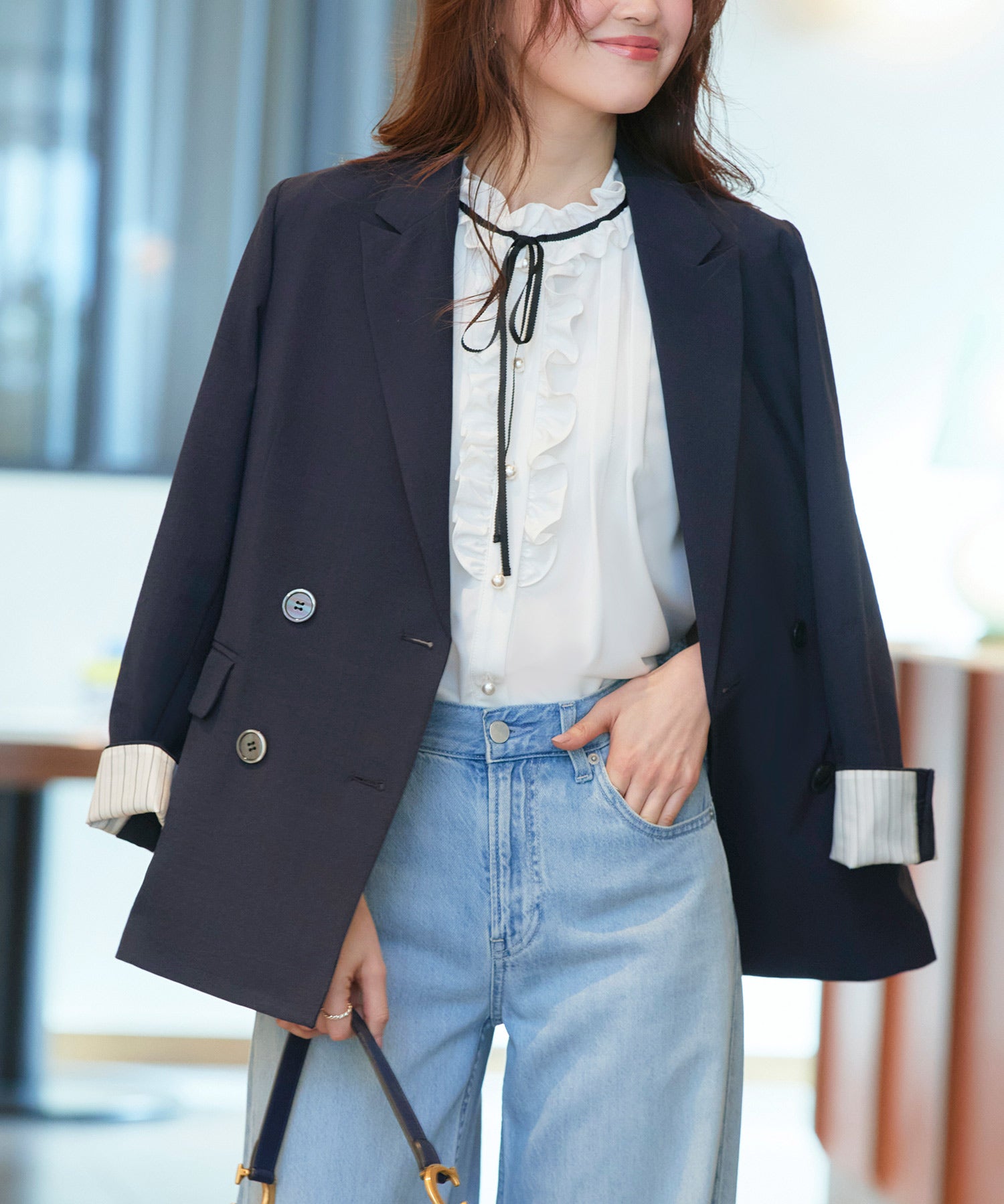 ルイルエブティック RUIRUE BOUTIQUE 選べる袖丈リネンライクテーラードジャケット （長袖/ダークネイビー） 長袖/ダークネイビー