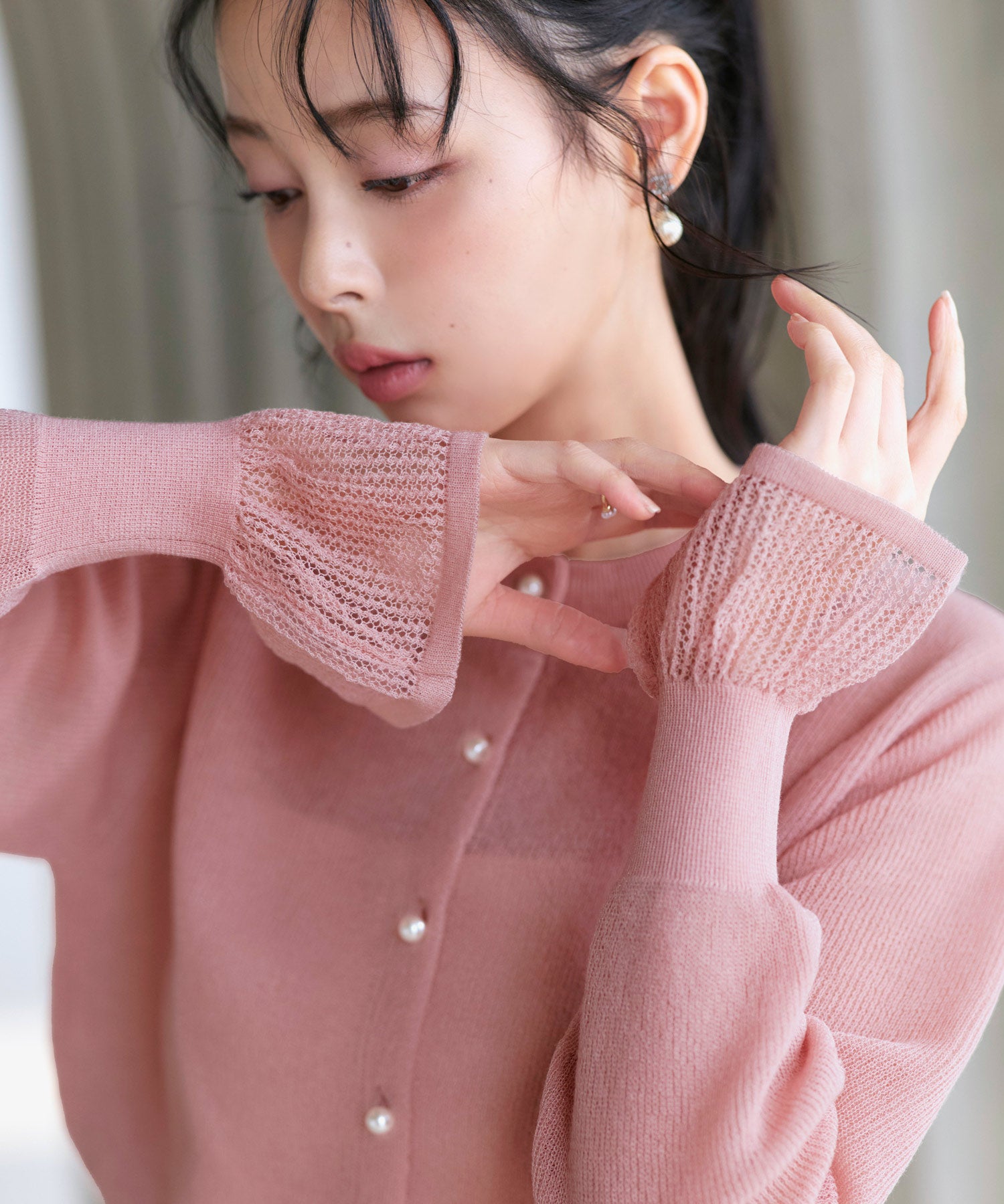 ルイルエブティック RUIRUE BOUTIQUE 洗える/ストレッチ ｜ メッシュ フリル カーデ ｜ カーディガン・ニットカーディガン・トップス・ニットトップス・サマーニット・シアートップス （ピンク） ピンク