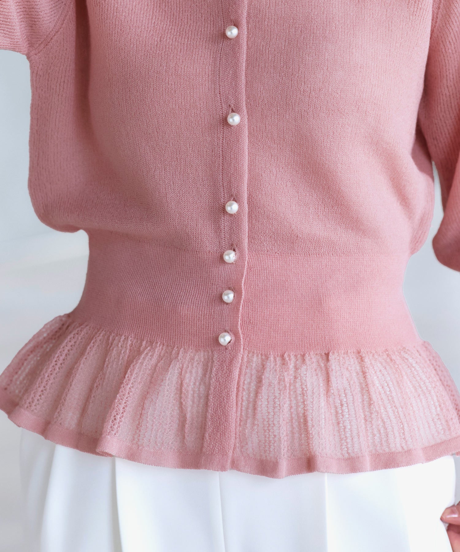 ルイルエブティック RUIRUE BOUTIQUE 洗える/ストレッチ ｜ メッシュ フリル カーデ ｜ カーディガン・ニットカーディガン・トップス・ニットトップス・サマーニット・シアートップス （ピンク） ピンク