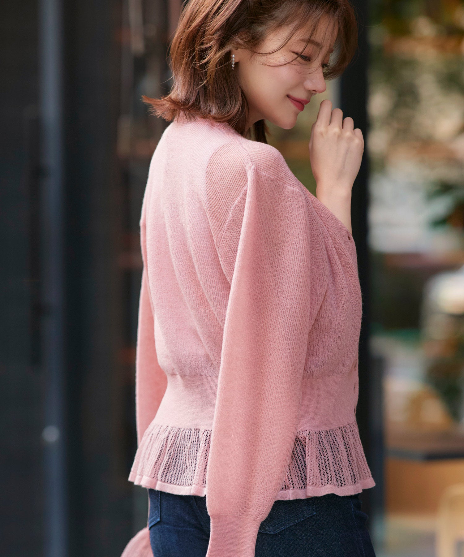 ルイルエブティック RUIRUE BOUTIQUE 洗える/ストレッチ ｜ メッシュ フリル カーデ ｜ カーディガン・ニットカーディガン・トップス・ニットトップス・サマーニット・シアートップス （ピンク） ピンク