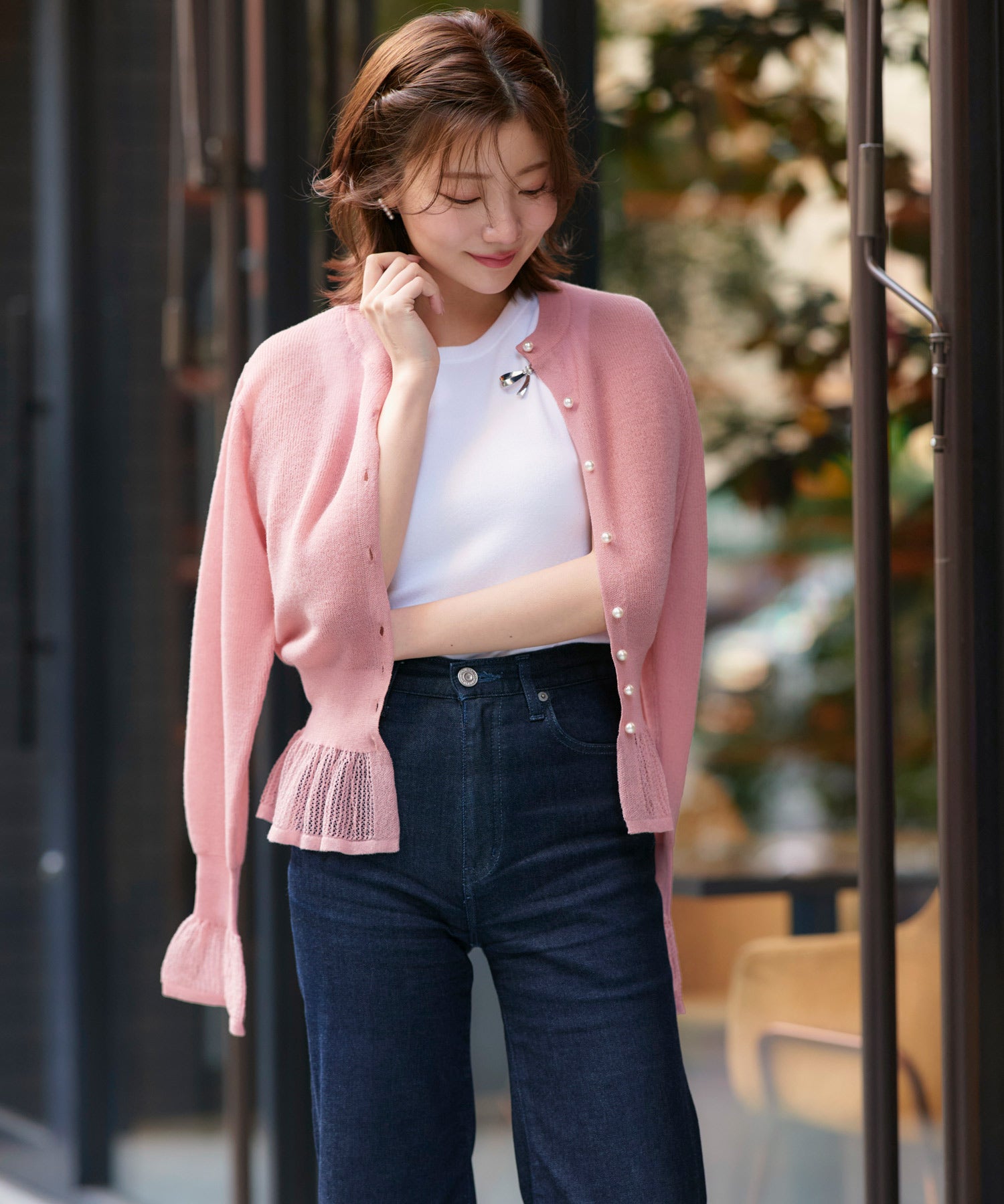 ルイルエブティック RUIRUE BOUTIQUE 洗える/ストレッチ ｜ メッシュ フリル カーデ ｜ カーディガン・ニットカーディガン・トップス・ニットトップス・サマーニット・シアートップス （ピンク） ピンク