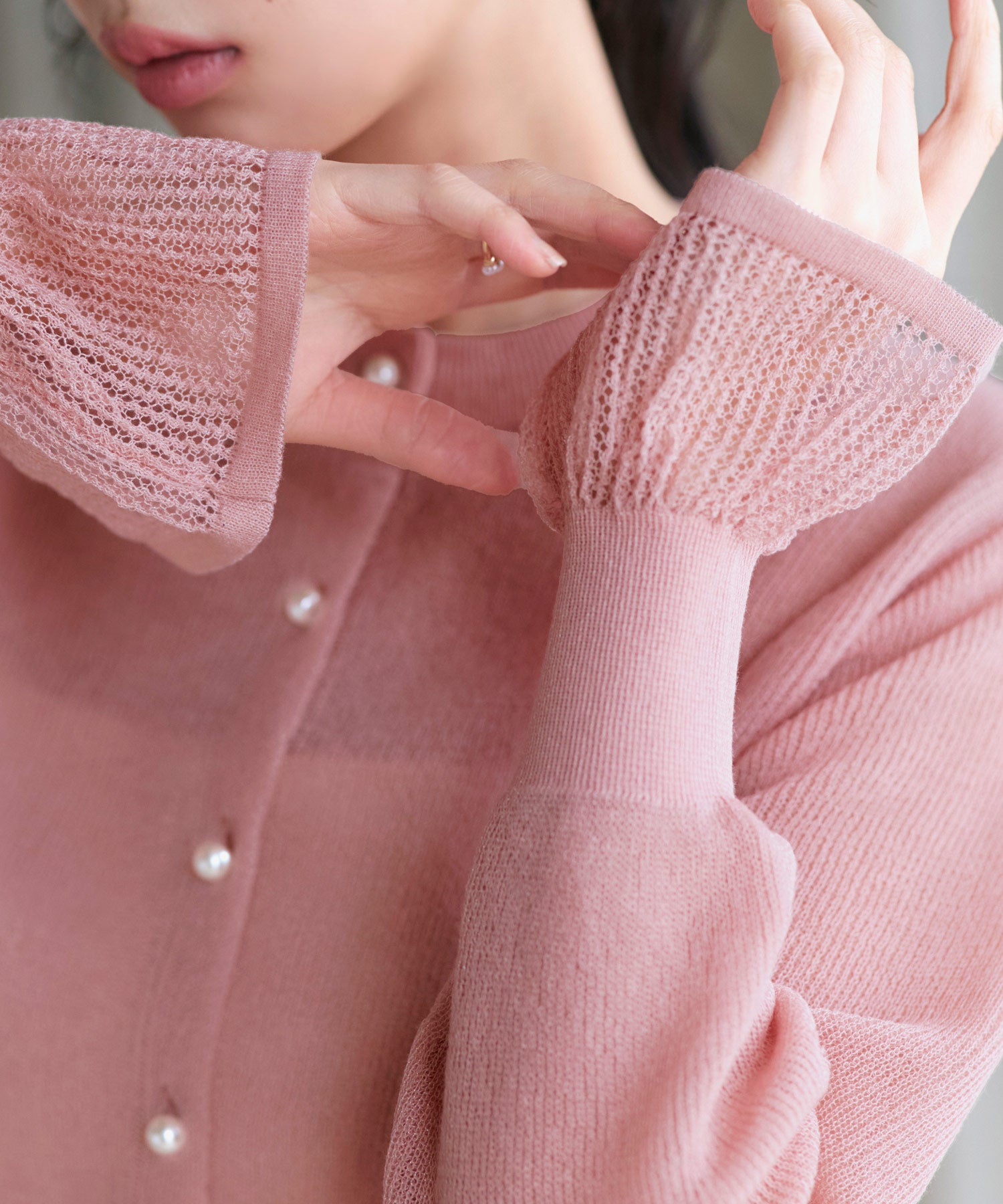 ルイルエブティック RUIRUE BOUTIQUE 洗える/ストレッチ ｜ メッシュ フリル カーデ ｜ カーディガン・ニットカーディガン・トップス・ニットトップス・サマーニット・シアートップス （ピンク） ピンク