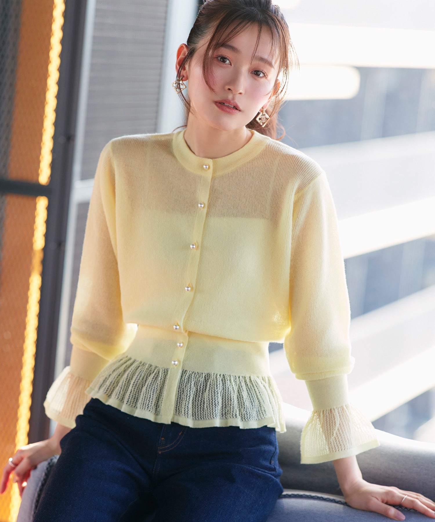 ルイルエブティック RUIRUE BOUTIQUE 洗える/ストレッチ ｜ メッシュ フリル カーデ ｜ カーディガン・ニットカーディガン・トップス・ニットトップス・サマーニット・シアートップス （イエロー） イエロー