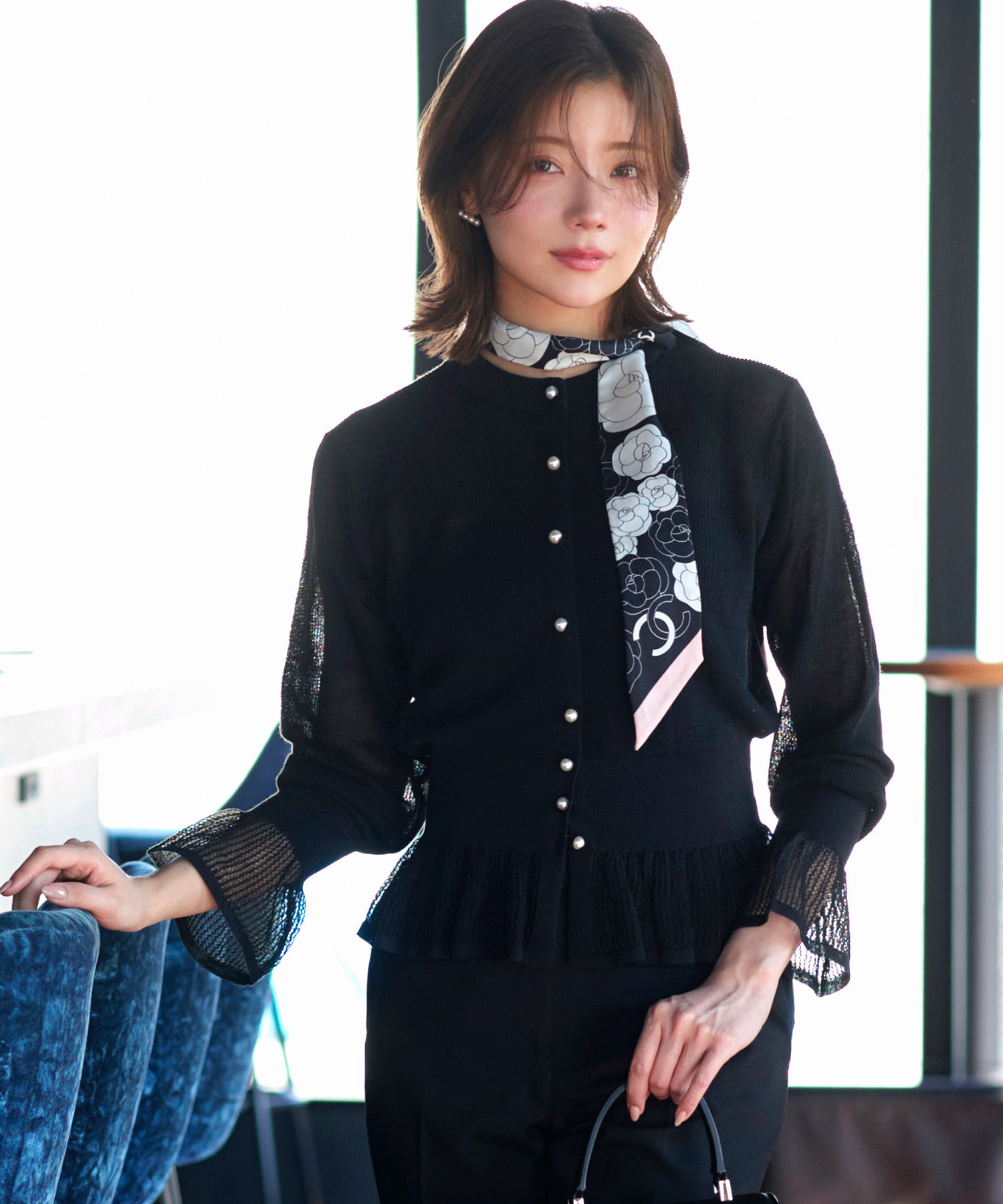 ルイルエブティック RUIRUE BOUTIQUE 洗える/ストレッチ ｜ メッシュ フリル カーデ ｜ カーディガン・ニットカーディガン・トップス・ニットトップス・サマーニット・シアートップス （ブラック） ブラック