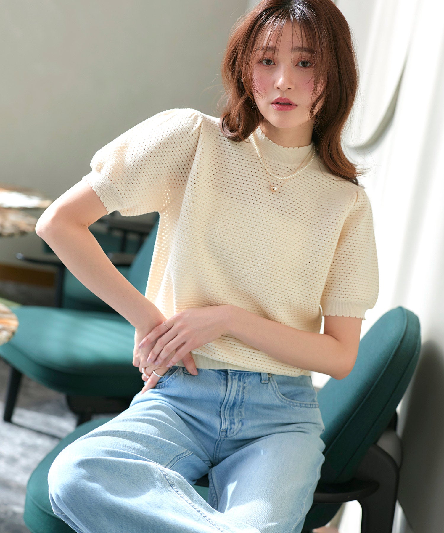 ルイルエブティック RUIRUE BOUTIQUE 洗える/ストレッチ ｜ クロシェ風 パフ ニット ｜ トップス・ニットトップス・サマーニット・シアートップス・かぎ針編み風ニット・メッシュトップス・プルオーバー・Tシャツ （ライトベージュ） ライトベージュ