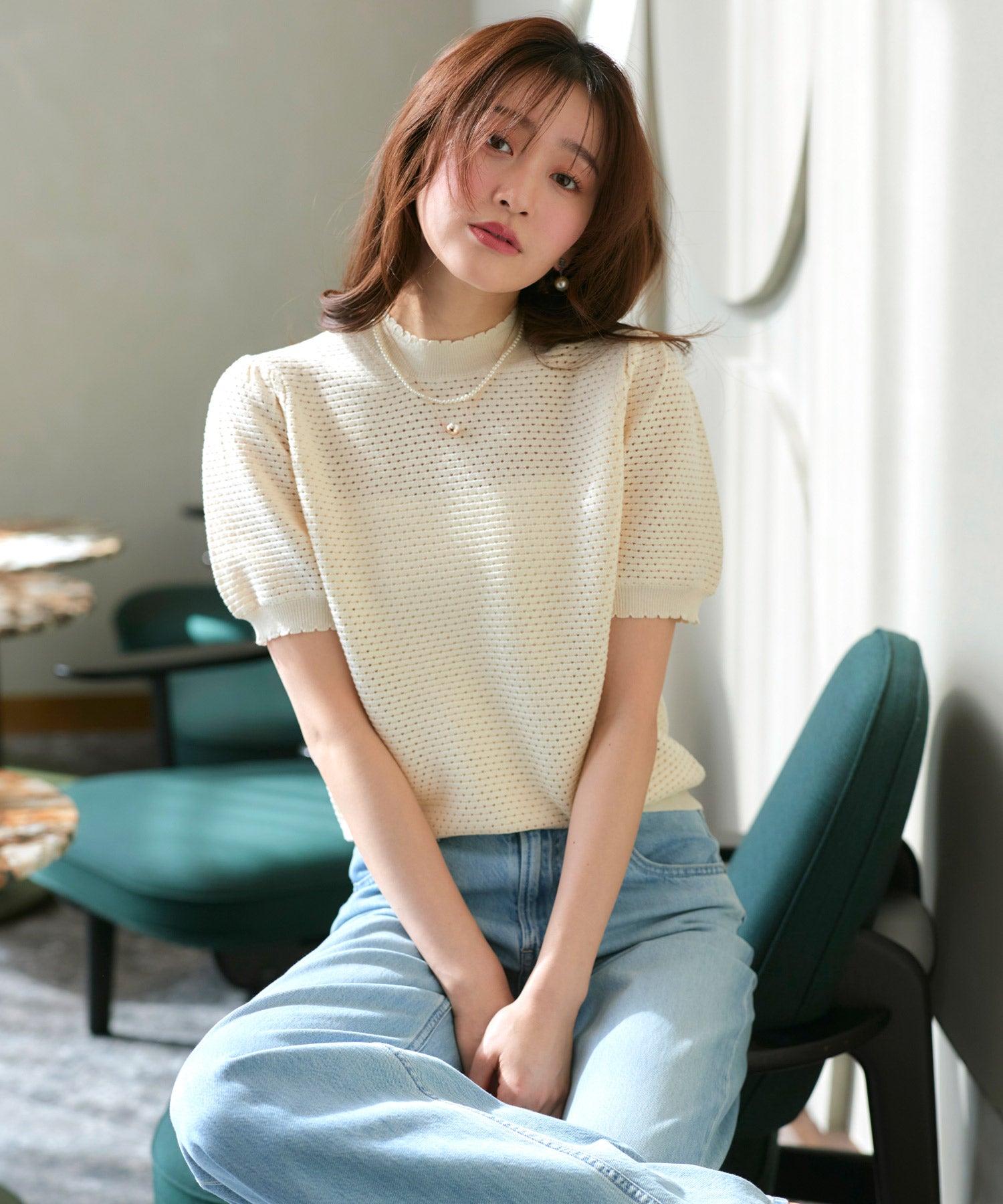 ルイルエブティック RUIRUE BOUTIQUE 洗える/ストレッチ ｜ クロシェ風 パフ ニット ｜ トップス・ニットトップス・サマーニット・シアートップス・かぎ針編み風ニット・メッシュトップス・プルオーバー・Tシャツ （ライトベージュ） ライトベージュ