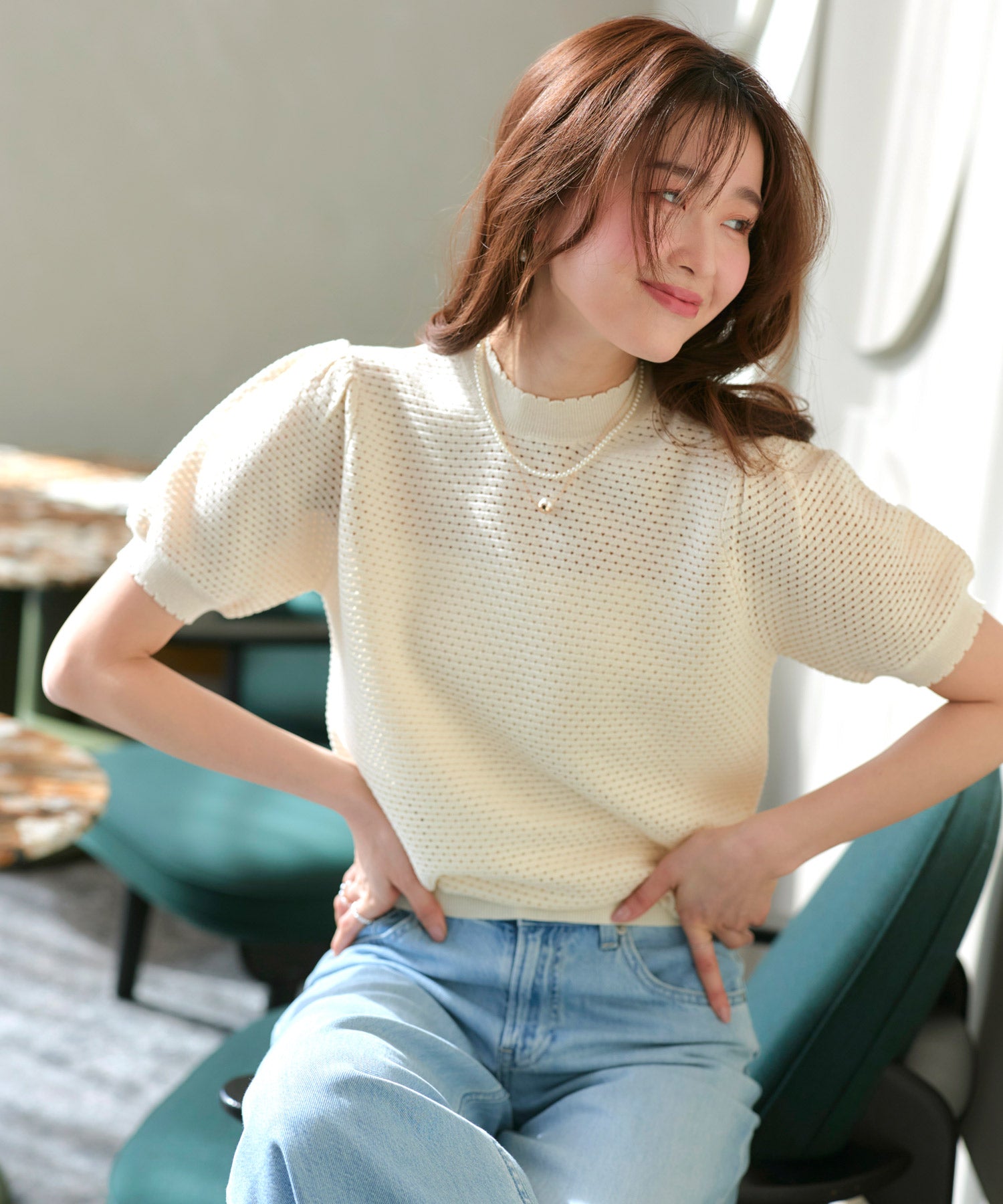 ルイルエブティック RUIRUE BOUTIQUE 洗える/ストレッチ ｜ クロシェ風 パフ ニット ｜ トップス・ニットトップス・サマーニット・シアートップス・かぎ針編み風ニット・メッシュトップス・プルオーバー・Tシャツ （ライトベージュ） ライトベージュ