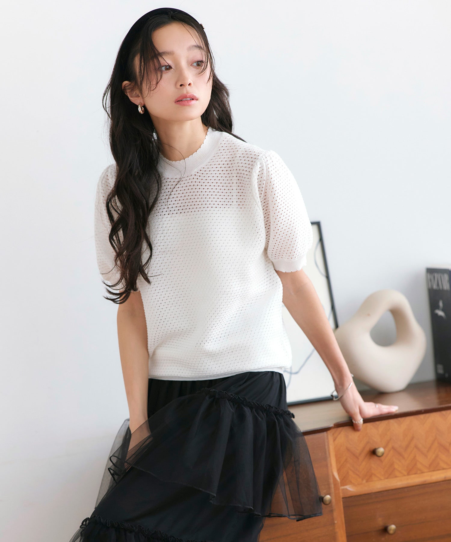 ルイルエブティック RUIRUE BOUTIQUE 洗える/ストレッチ ｜ クロシェ風 パフ ニット ｜ トップス・ニットトップス・サマーニット・シアートップス・かぎ針編み風ニット・メッシュトップス・プルオーバー・Tシャツ （ホワイト） ホワイト