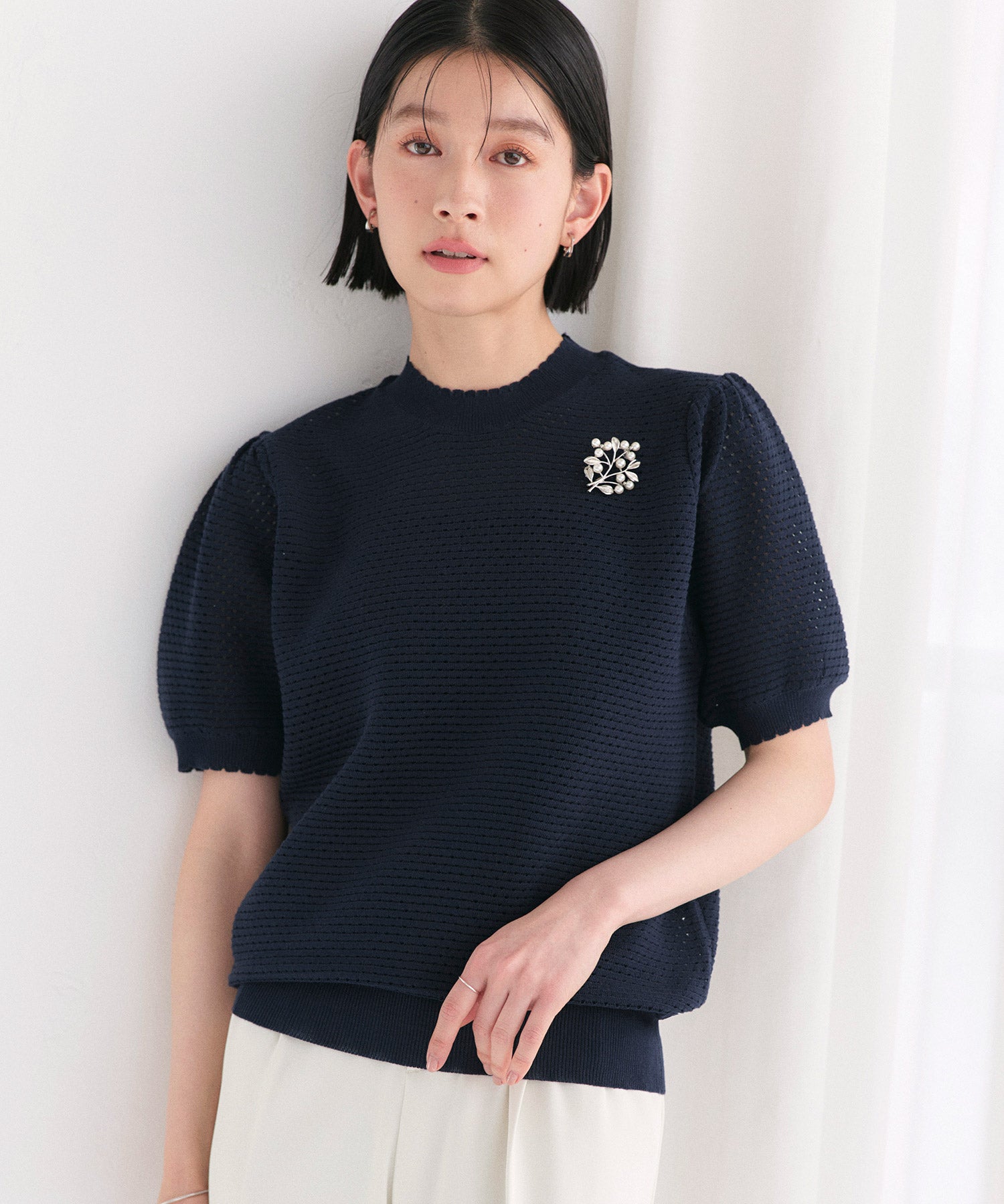 ルイルエブティック RUIRUE BOUTIQUE 洗える/ストレッチ ｜ クロシェ風 パフ ニット ｜ トップス・ニットトップス・サマーニット・シアートップス・かぎ針編み風ニット・メッシュトップス・プルオーバー・Tシャツ （ネイビー） ネイビー