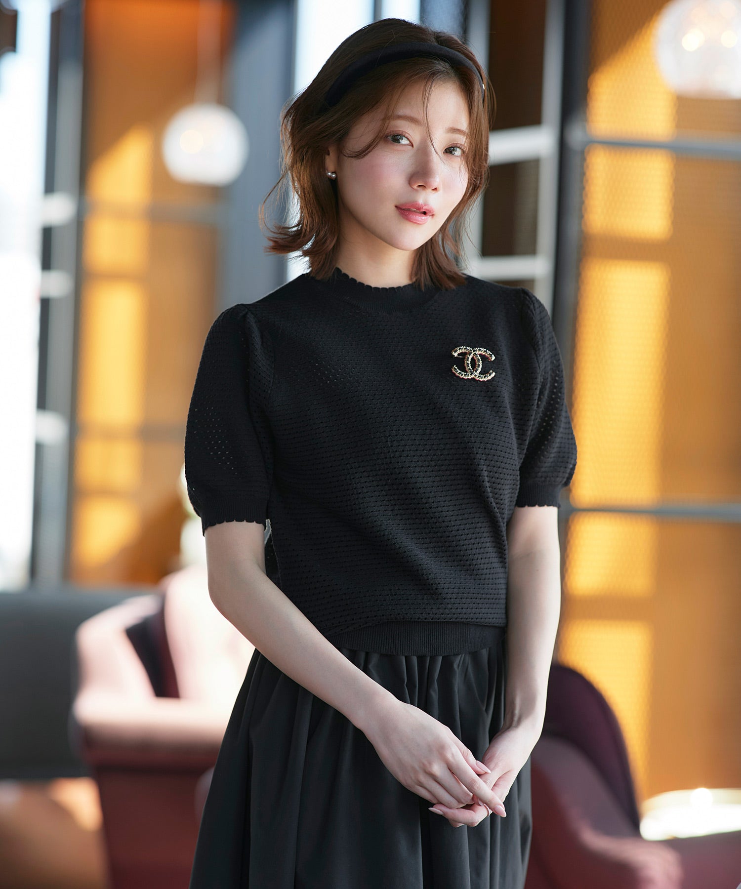 ルイルエブティック RUIRUE BOUTIQUE 洗える/ストレッチ ｜ クロシェ風 パフ ニット ｜ トップス・ニットトップス・サマーニット・シアートップス・かぎ針編み風ニット・メッシュトップス・プルオーバー・Tシャツ （ブラック） ブラック