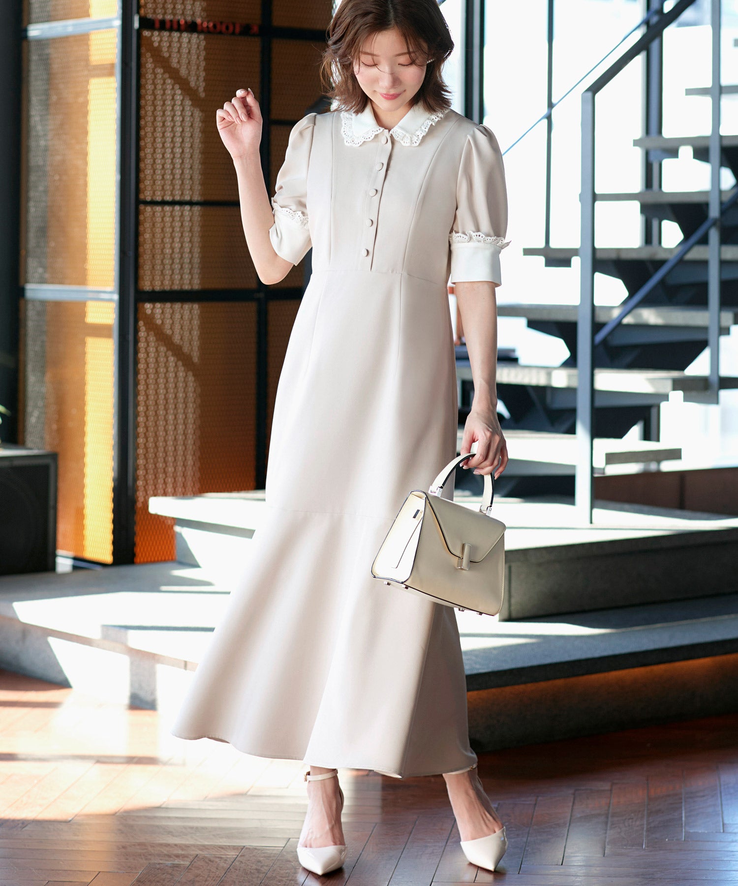 ルイルエブティック RUIRUE BOUTIQUE ストレッチ ｜ バイカラー クラシック ワンピース ｜ 夏ワンピース・ロングワンピース・シャツワンピース・デザインワンピース・襟付きワンピース・マーメイドスカート （アイボリー） アイボリー