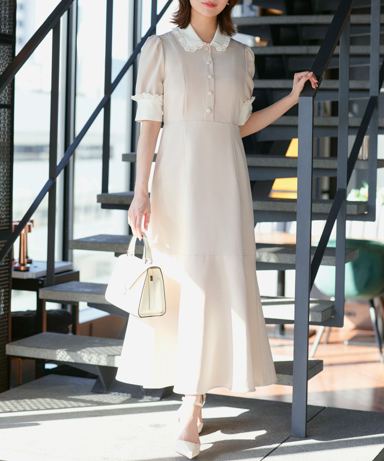 ルイルエブティック RUIRUE BOUTIQUE ストレッチ ｜ バイカラー クラシック ワンピース ｜ 夏ワンピース・ロングワンピース・シャツワンピース・デザインワンピース・襟付きワンピース・マーメイドスカート （アイボリー） アイボリー