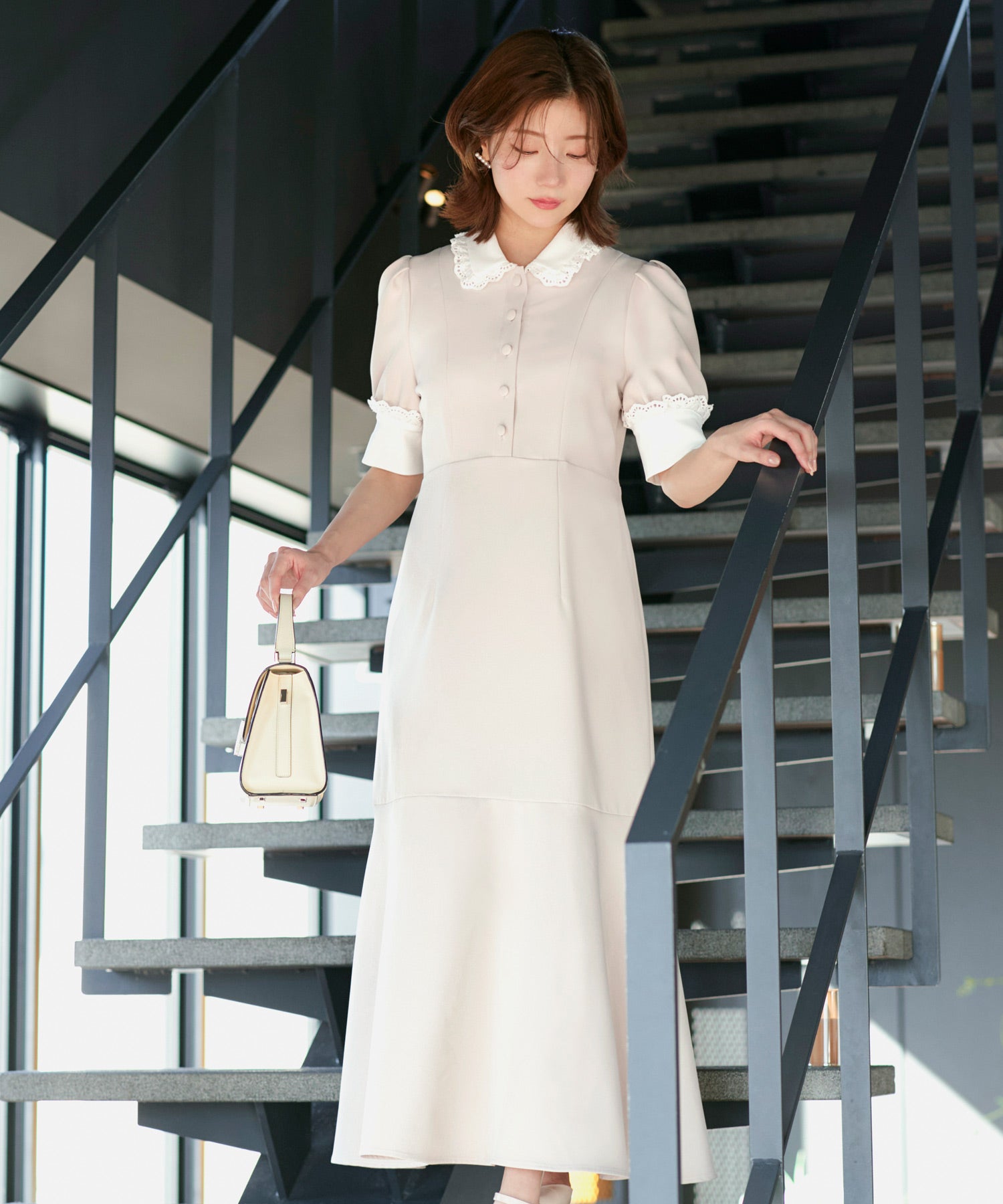 ルイルエブティック RUIRUE BOUTIQUE ストレッチ ｜ バイカラー クラシック ワンピース ｜ 夏ワンピース・ロングワンピース・シャツワンピース・デザインワンピース・襟付きワンピース・マーメイドスカート （アイボリー） アイボリー