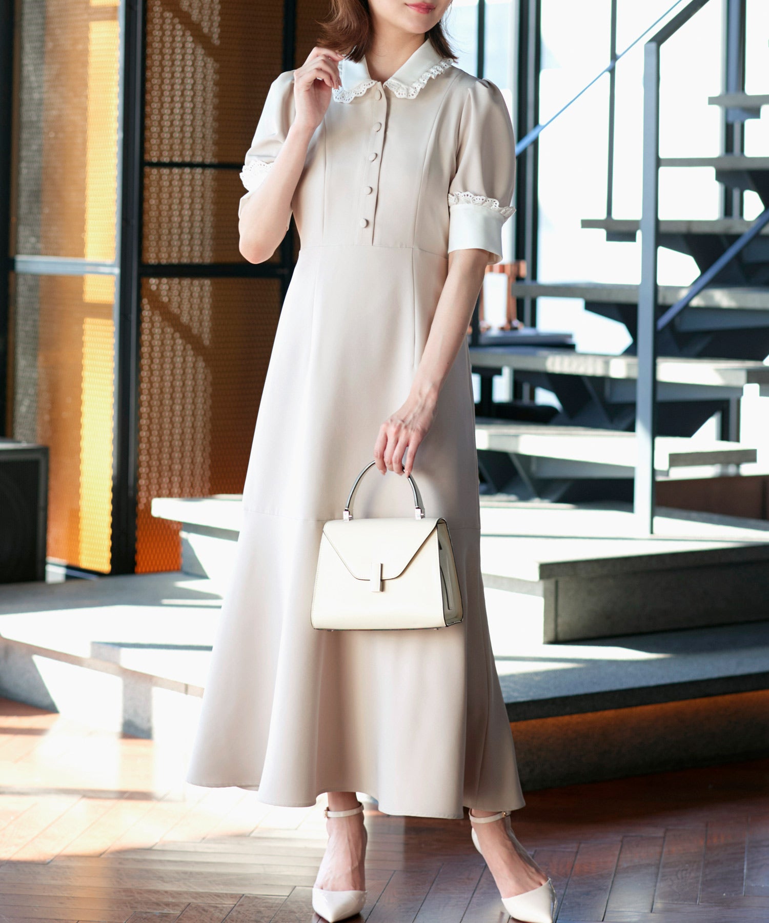 ルイルエブティック RUIRUE BOUTIQUE ストレッチ ｜ バイカラー クラシック ワンピース ｜ 夏ワンピース・ロングワンピース・シャツワンピース・デザインワンピース・襟付きワンピース・マーメイドスカート （アイボリー） アイボリー