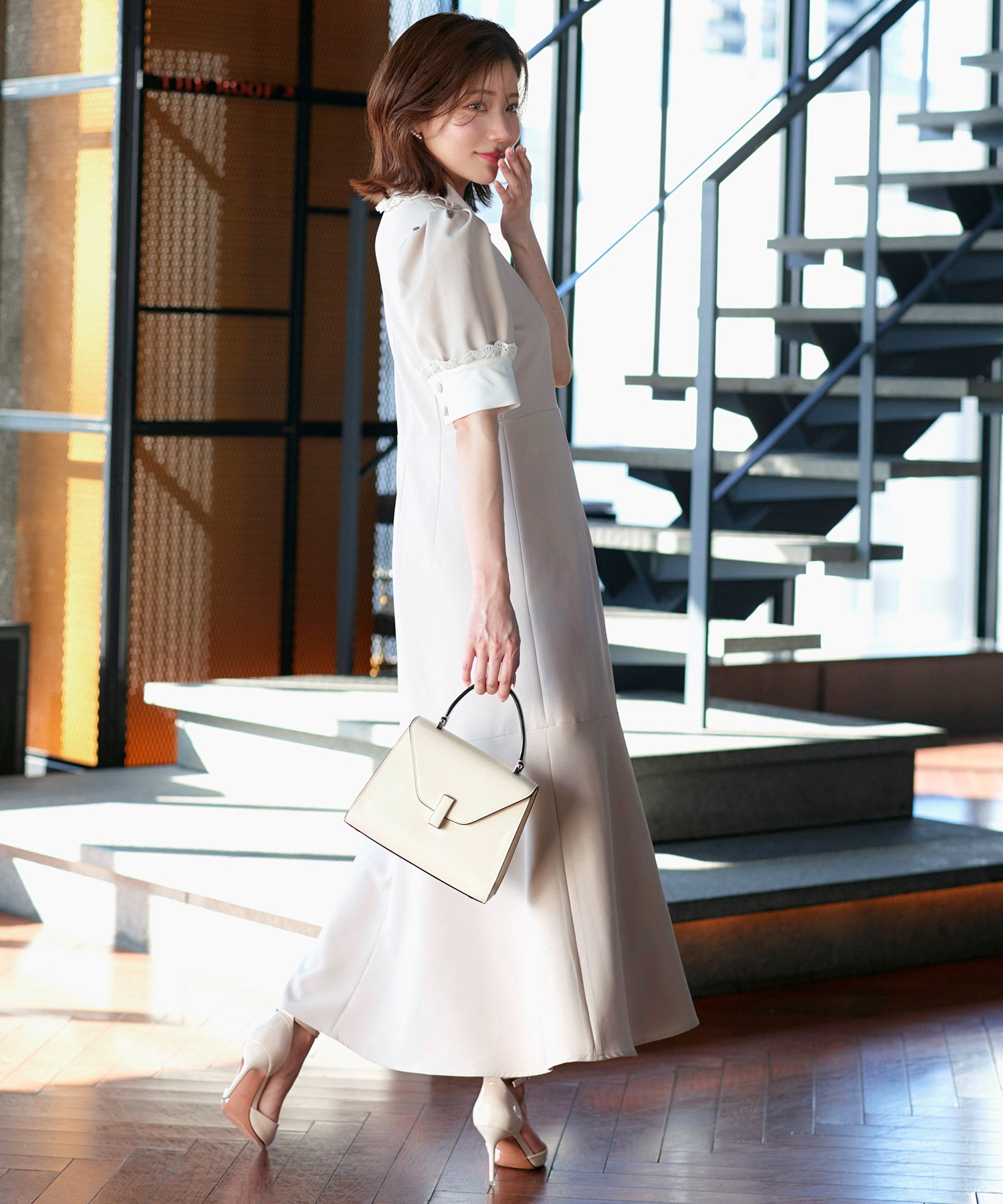ルイルエブティック RUIRUE BOUTIQUE ストレッチ ｜ バイカラー クラシック ワンピース ｜ 夏ワンピース・ロングワンピース・シャツワンピース・デザインワンピース・襟付きワンピース・マーメイドスカート （アイボリー） アイボリー