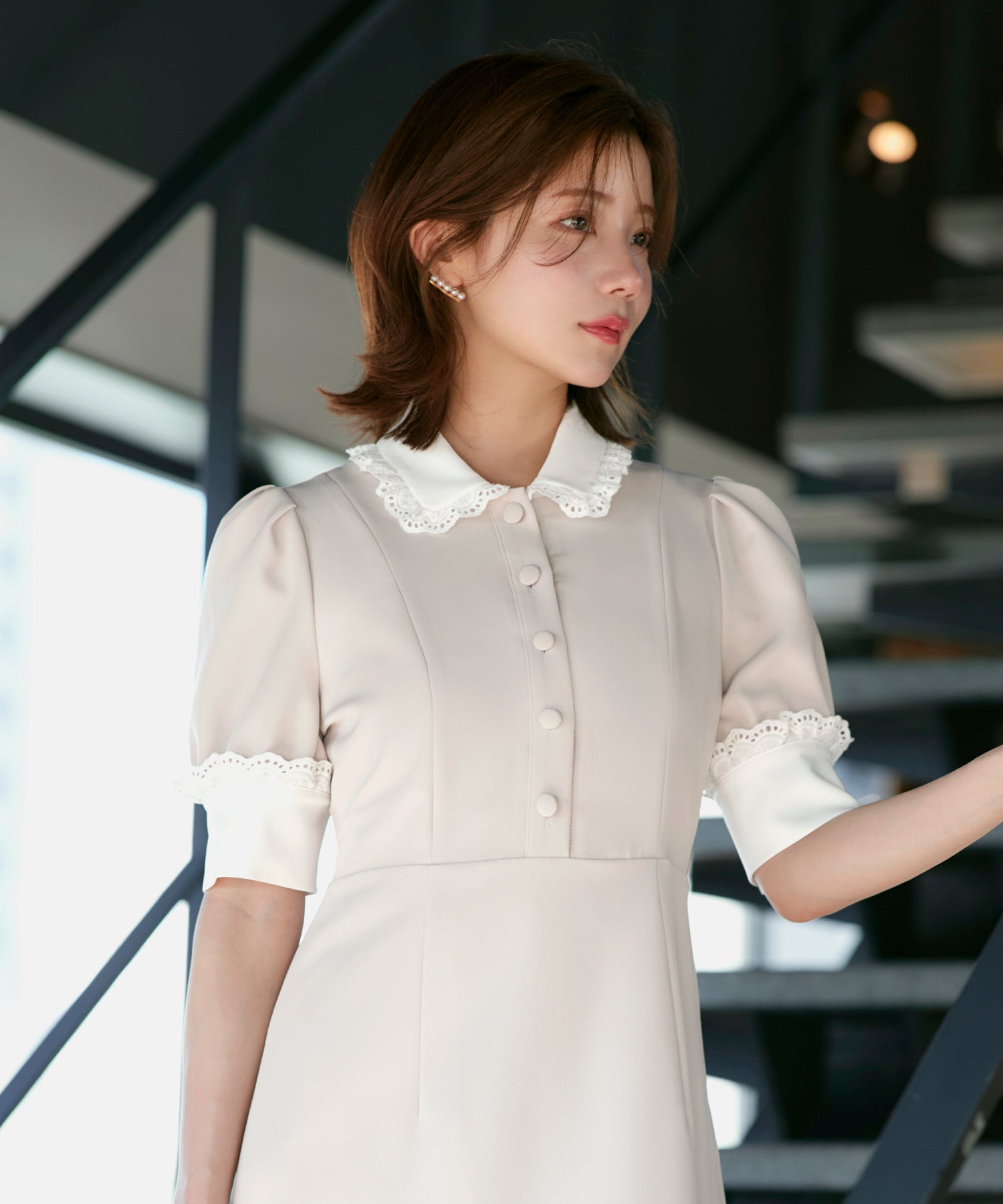 ルイルエブティック RUIRUE BOUTIQUE ストレッチ ｜ バイカラー クラシック ワンピース ｜ 夏ワンピース・ロングワンピース・シャツワンピース・デザインワンピース・襟付きワンピース・マーメイドスカート （アイボリー） アイボリー