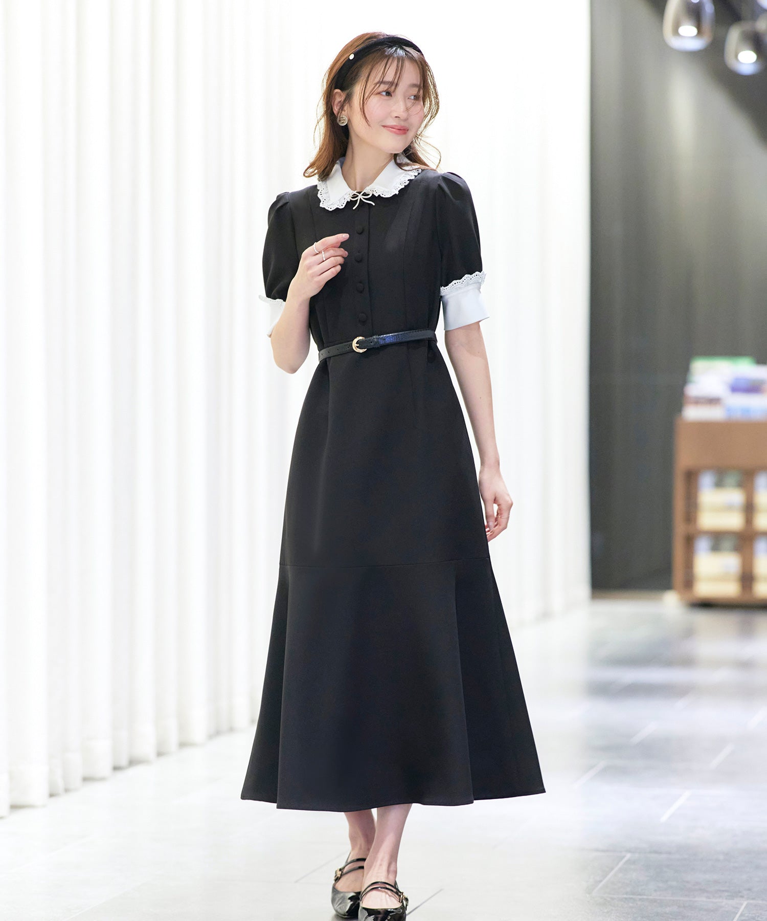 ルイルエブティック RUIRUE BOUTIQUE ストレッチ ｜ バイカラー クラシック ワンピース ｜ 夏ワンピース・ロングワンピース・シャツワンピース・デザインワンピース・襟付きワンピース・マーメイドスカート （ブラック） ブラック