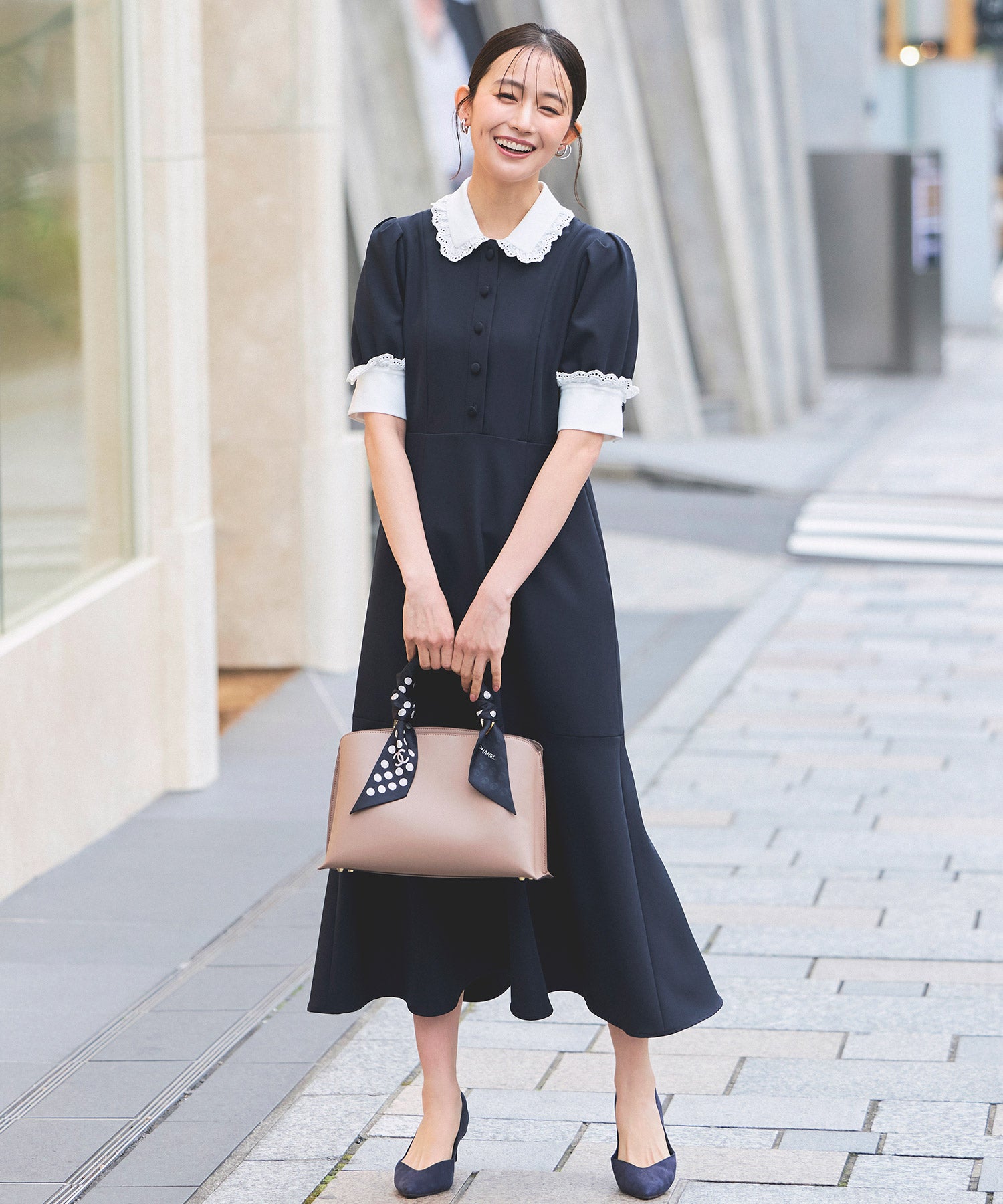 ルイルエブティック RUIRUE BOUTIQUE ストレッチ ｜ バイカラー クラシック ワンピース ｜ 夏ワンピース・ロングワンピース・シャツワンピース・デザインワンピース・襟付きワンピース・マーメイドスカート （ダークネイビー） ダークネイビー