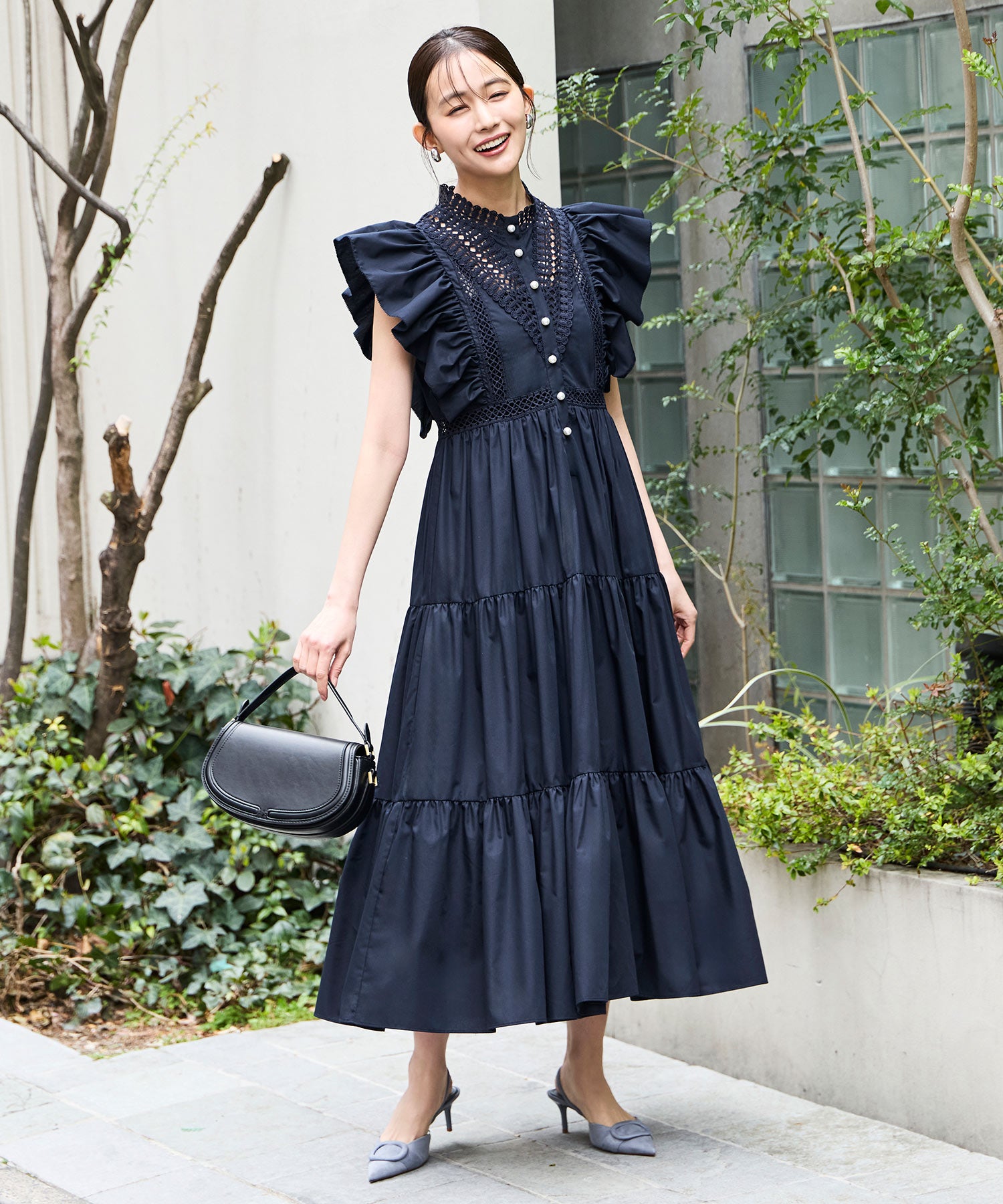 ルイルエブティック RUIRUE BOUTIQUE 洗える ｜ ティアード ボリューム シャツワンピース ｜ ワンピース・夏ワンピース・ロングワンピース・リゾートワンピース・レースワンピース・ティアードスカート・フレアスカート （ネイビー） ネイビー