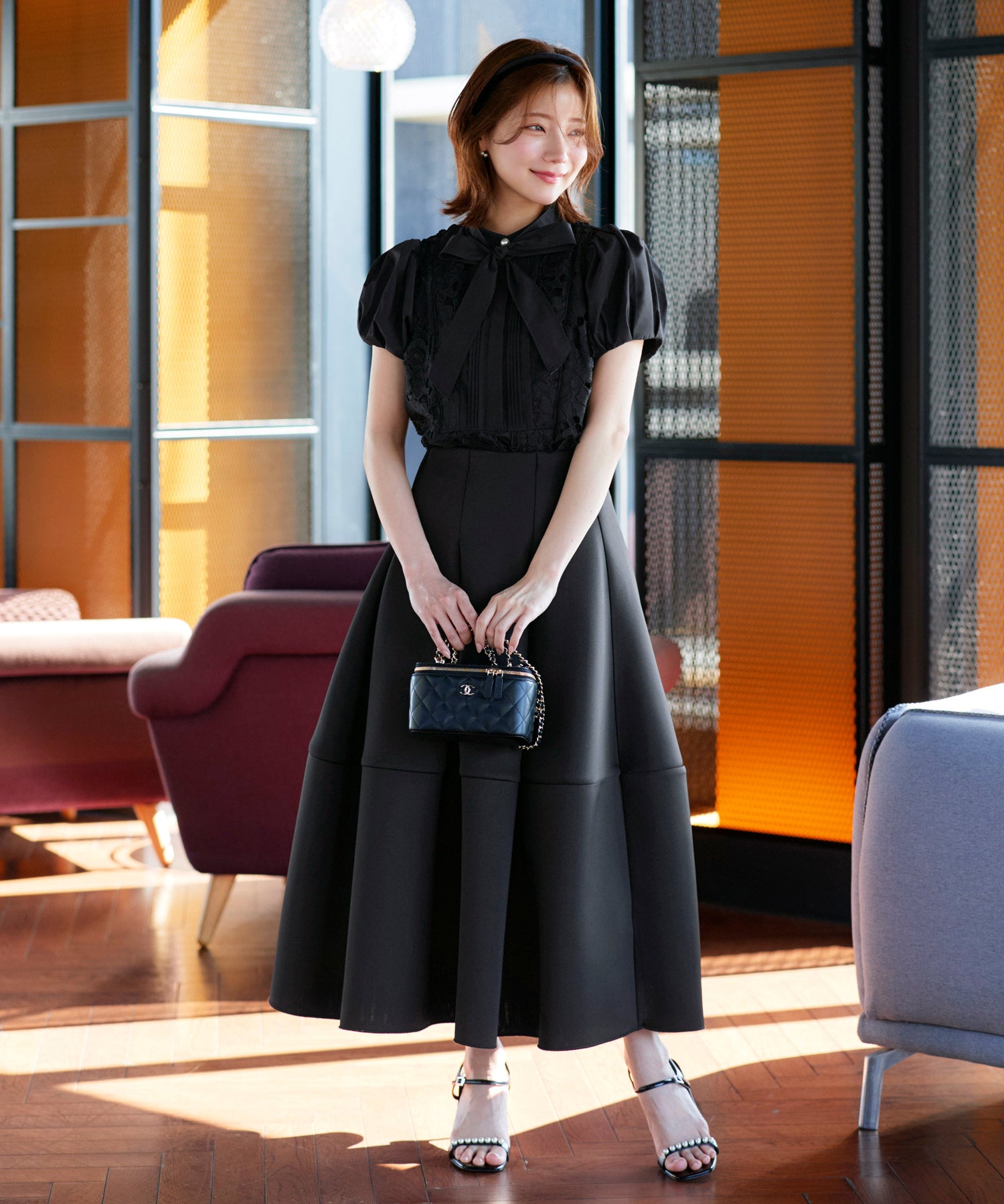ルイルエブティック RUIRUE BOUTIQUE 2WAY リボン フラワーモチーフ レースブラウス ｜ トップス・ブラウス・シャツ・半袖ブラウス・花柄ブラウス・きれいめブラウス・白ブラウス・オフィスカジュアルブラウス （ブラック） ブラック