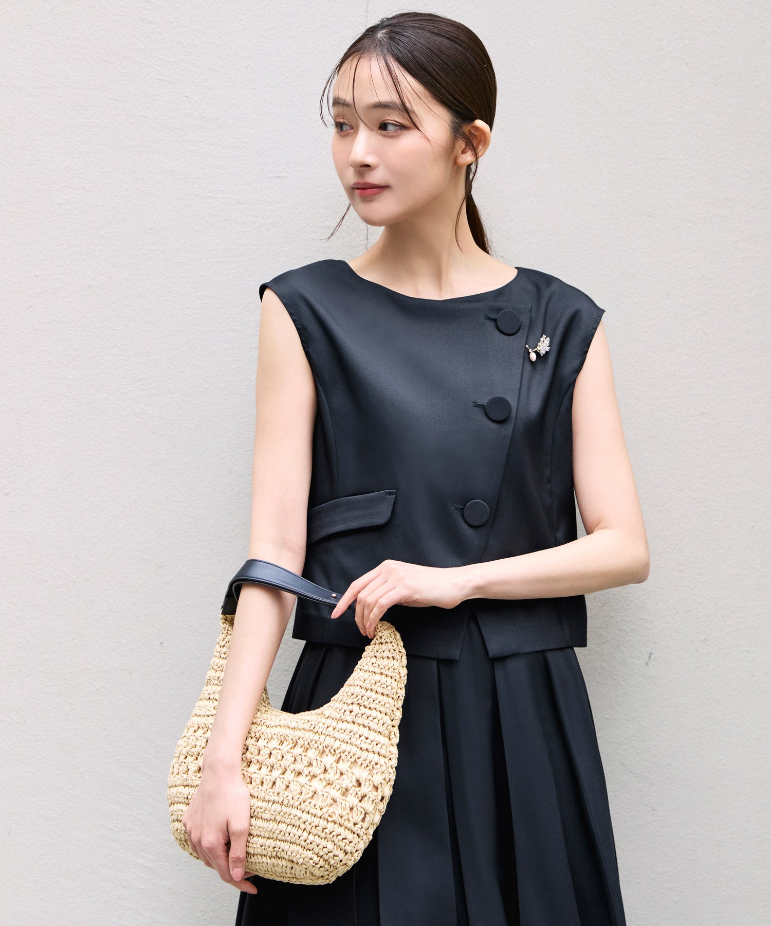 ルイルエブティック RUIRUE BOUTIQUE 洗える ストレッチ ｜ アシンメトリー ジレ ＆ ボックス プリーツスカート セットアップ ｜ 夏ワンピース・夏セットアップ・スカートセットアップ・ロングスカート （ネイビー） ネイビー