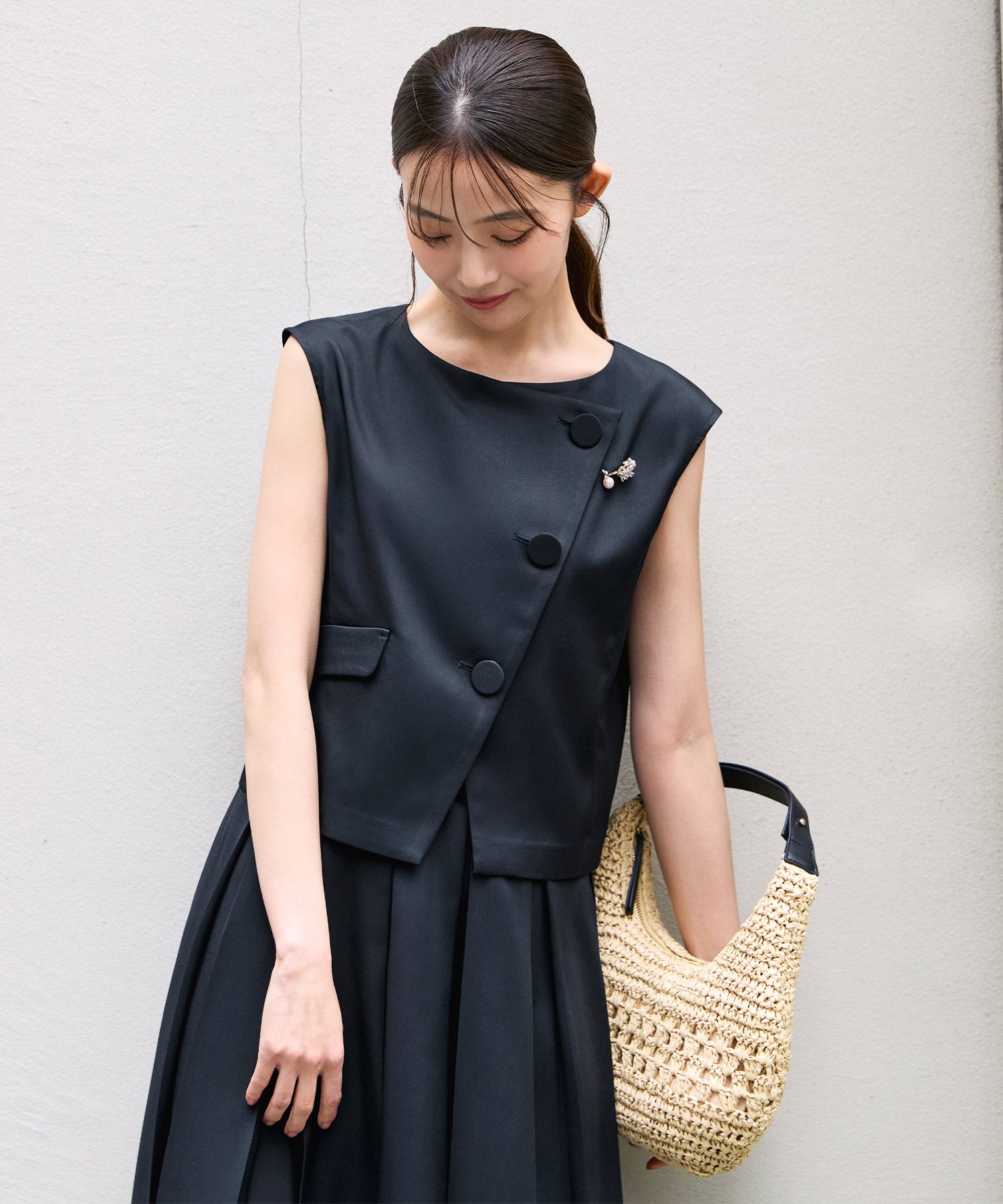ルイルエブティック RUIRUE BOUTIQUE 洗える ストレッチ ｜ アシンメトリー ジレ ＆ ボックス プリーツスカート セットアップ ｜ 夏ワンピース・夏セットアップ・スカートセットアップ・ロングスカート （ネイビー） ネイビー