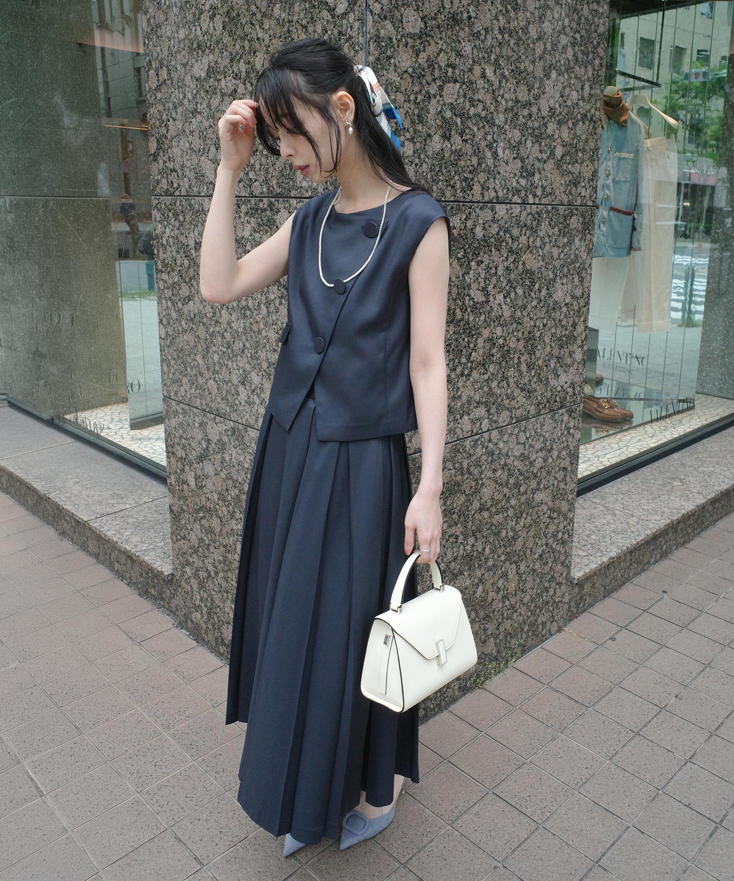 ルイルエブティック RUIRUE BOUTIQUE 洗える ストレッチ ｜ アシンメトリー ジレ ＆ ボックス プリーツスカート セットアップ ｜ 夏ワンピース・夏セットアップ・スカートセットアップ・ロングスカート （ネイビー） ネイビー