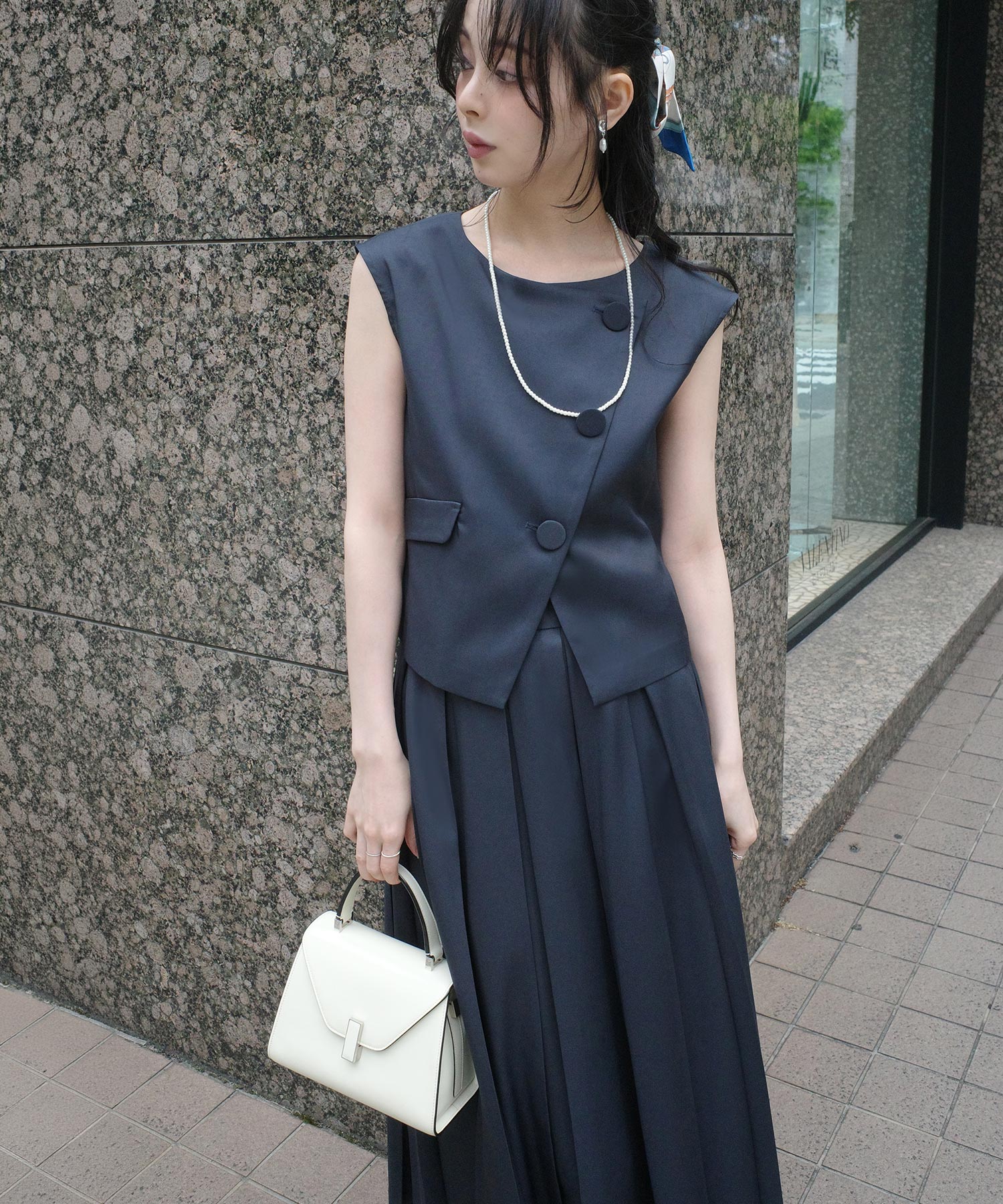 ルイルエブティック RUIRUE BOUTIQUE 洗える ストレッチ ｜ アシンメトリー ジレ ＆ ボックス プリーツスカート セットアップ ｜ 夏ワンピース・夏セットアップ・スカートセットアップ・ロングスカート （ネイビー） ネイビー