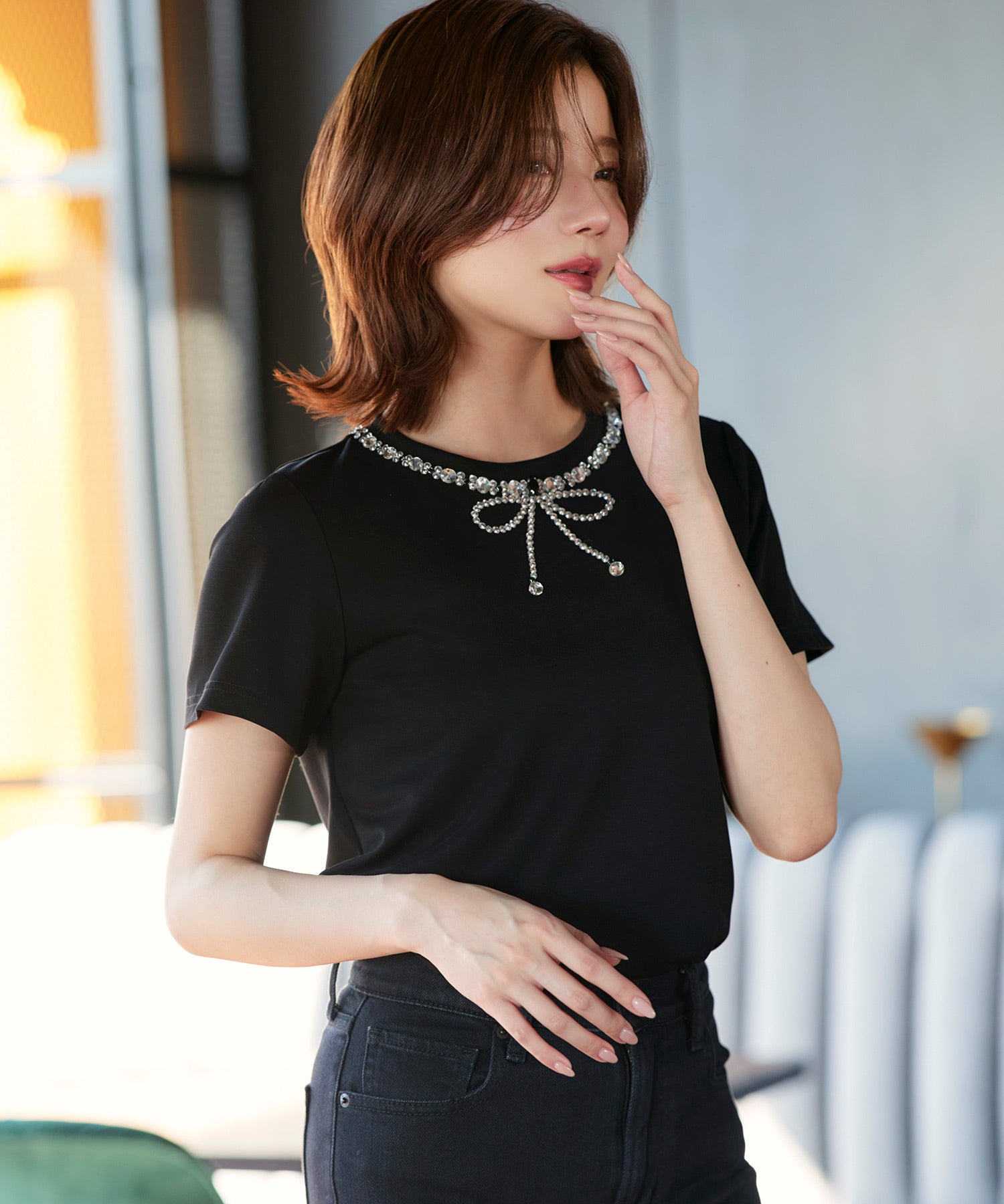 ルイルエブティック RUIRUE BOUTIQUE 洗える ストレッチ ｜ ドレスTシャツ ( ビジュー リボン ) ｜ トップス・Tシャツ・カットソー・半袖Tシャツ・きれいめTシャツ・白Tシャツ） （ブラック） ブラック