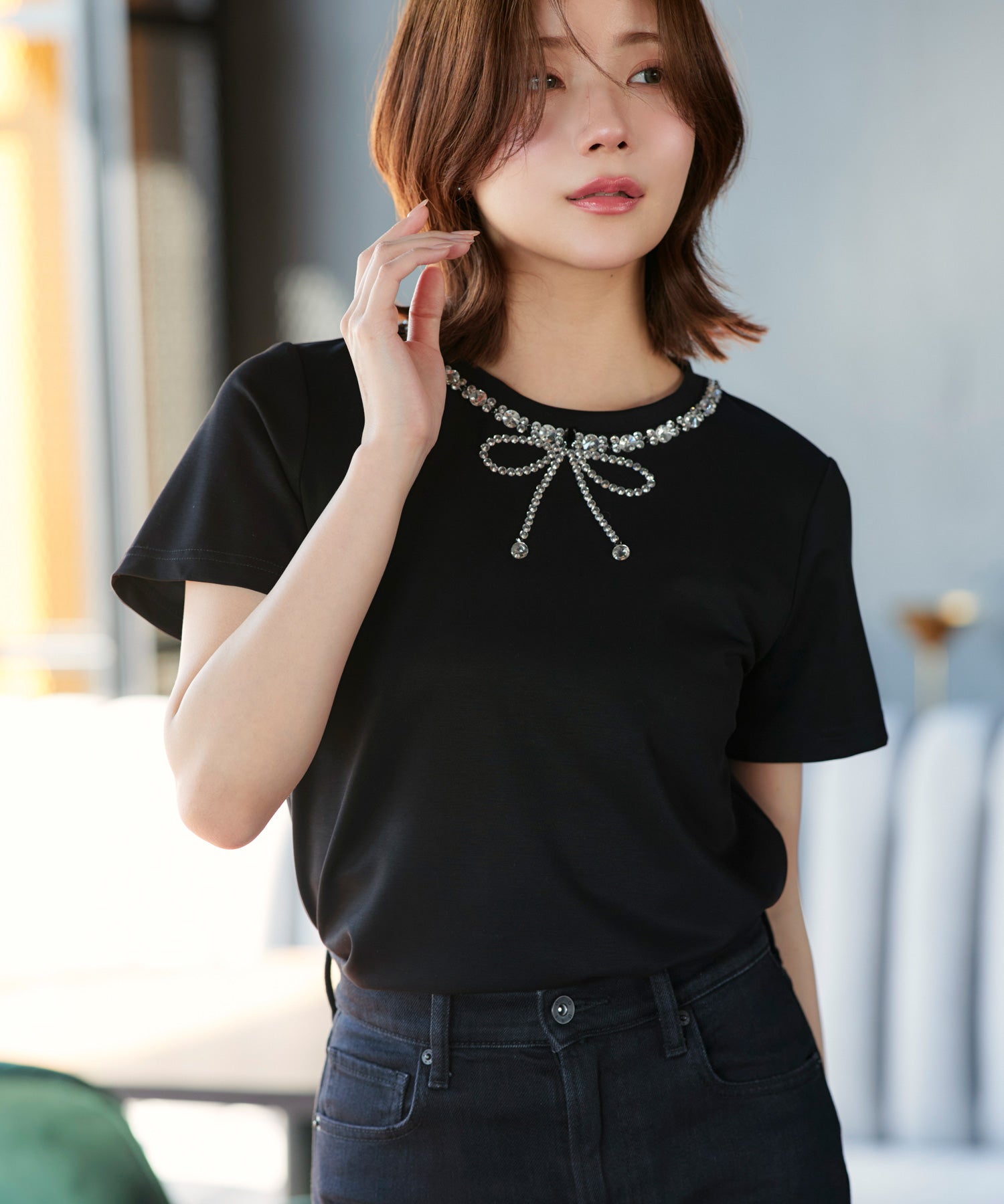 ルイルエブティック RUIRUE BOUTIQUE 洗える ストレッチ ｜ ドレスTシャツ ( ビジュー リボン ) ｜ トップス・Tシャツ・カットソー・半袖Tシャツ・きれいめTシャツ・白Tシャツ） （ブラック） ブラック